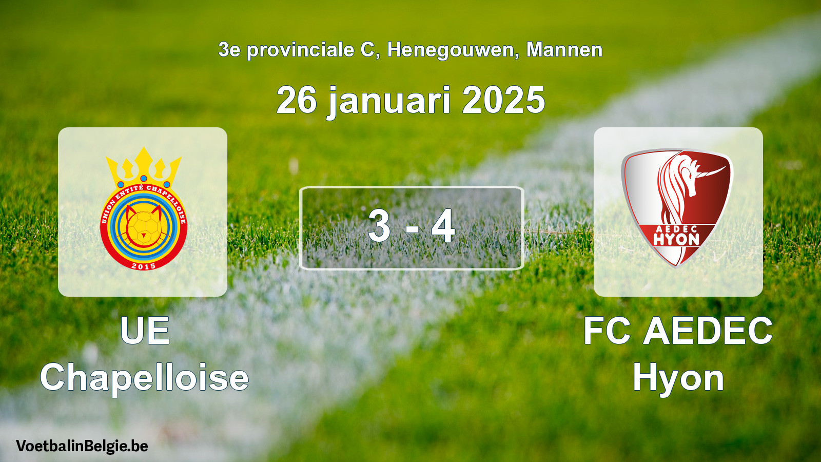 Gespeelde wedstrijd mannenvoetbal: UE Chapelloise - FC AEDEC Hyon 3 - 4 (26 januari 2025)