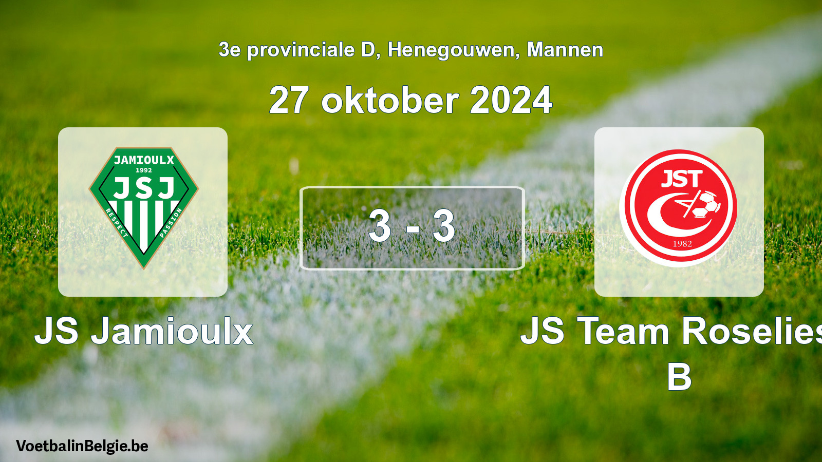 Gespeelde wedstrijd mannenvoetbal: JS Jamioulx - JS Team Roselies B 3 - 3 (27 oktober 2024)