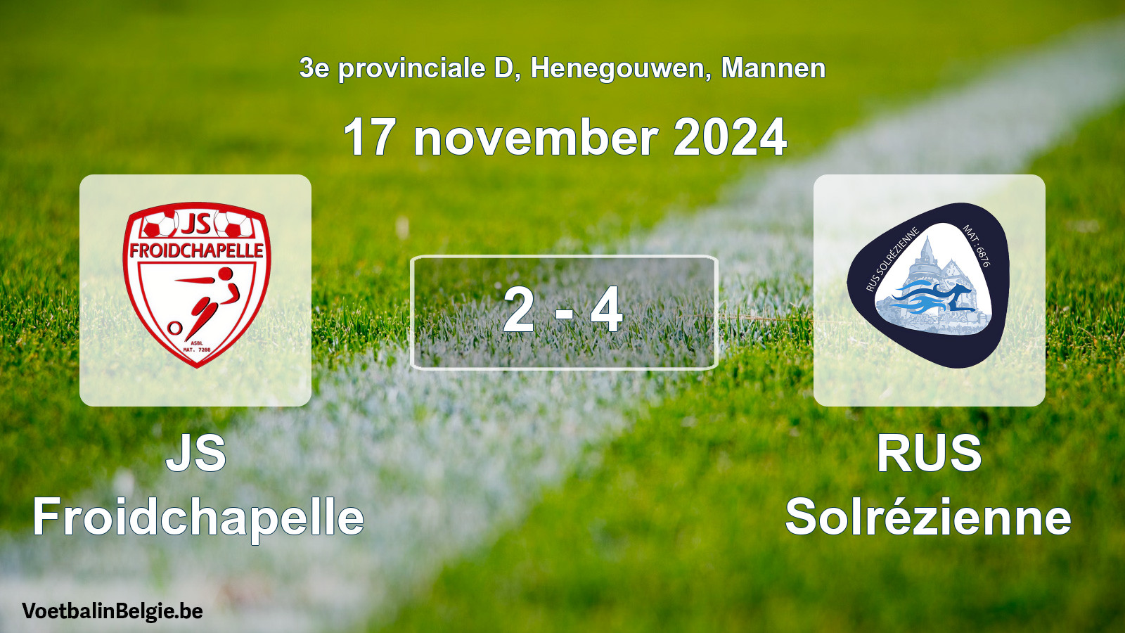 Gespeelde wedstrijd mannenvoetbal: JS Froidchapelle - RUS Solrézienne 2 - 4 (17 november 2024)