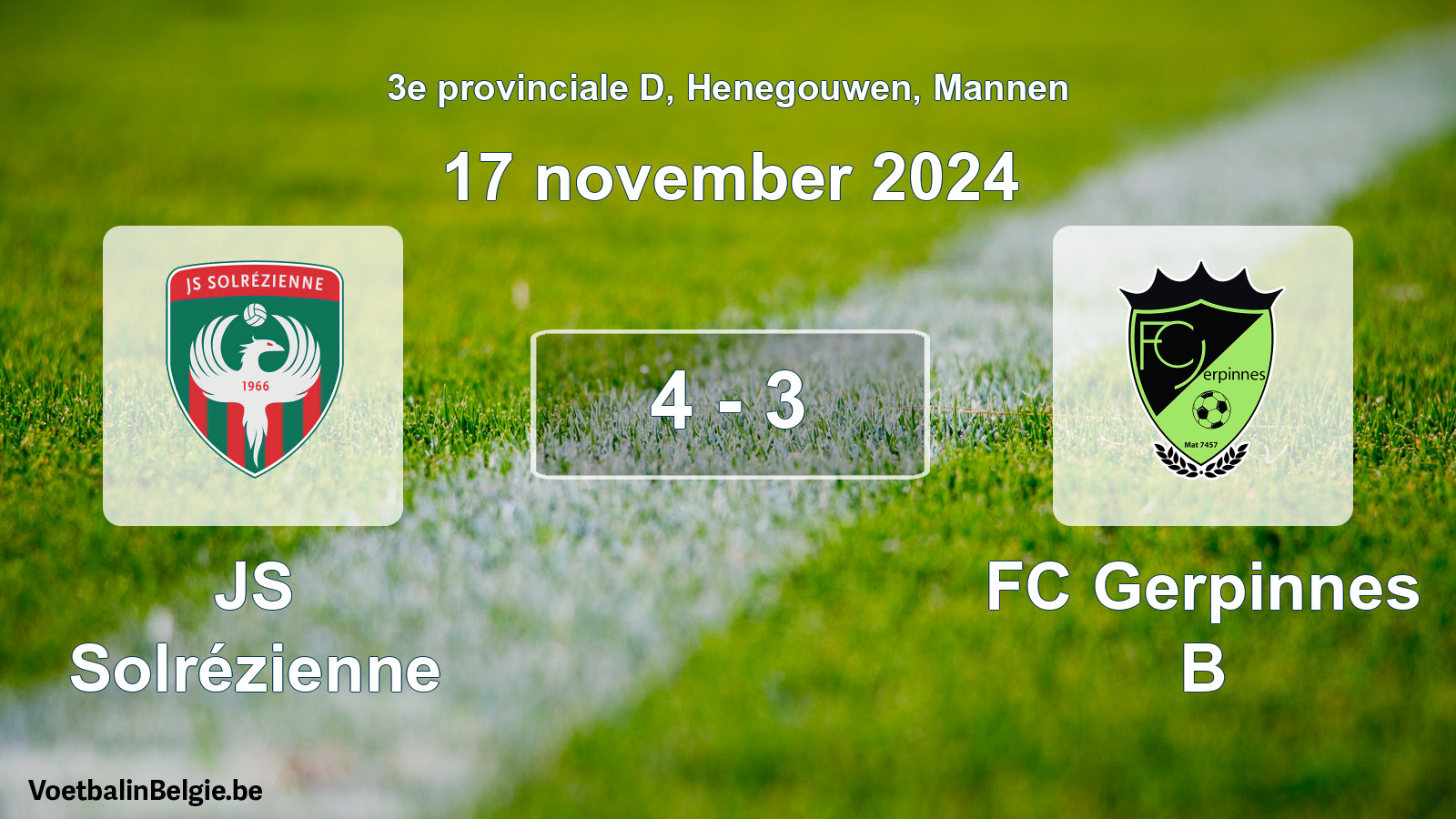 Match joué football hommes: JS Solrézienne - FC Gerpinnes B 4 - 3 (17 novembre 2024)