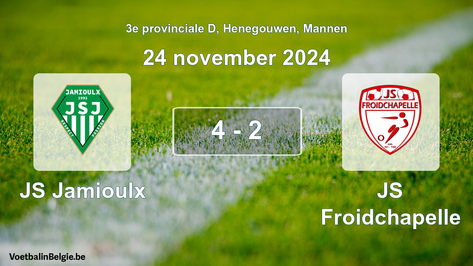 Gespeelde wedstrijd mannenvoetbal: JS Jamioulx - JS Froidchapelle 4 - 2 (24 november 2024)