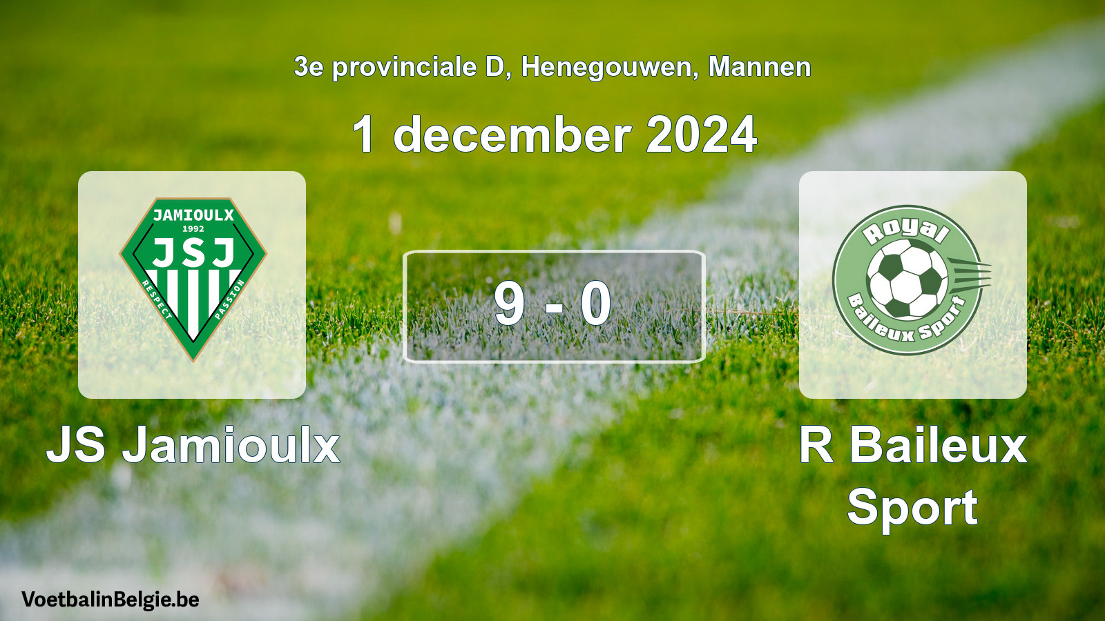 Gespeelde wedstrijd mannenvoetbal: JS Jamioulx - R Baileux Sport 9 - 0 (1 december 2024)