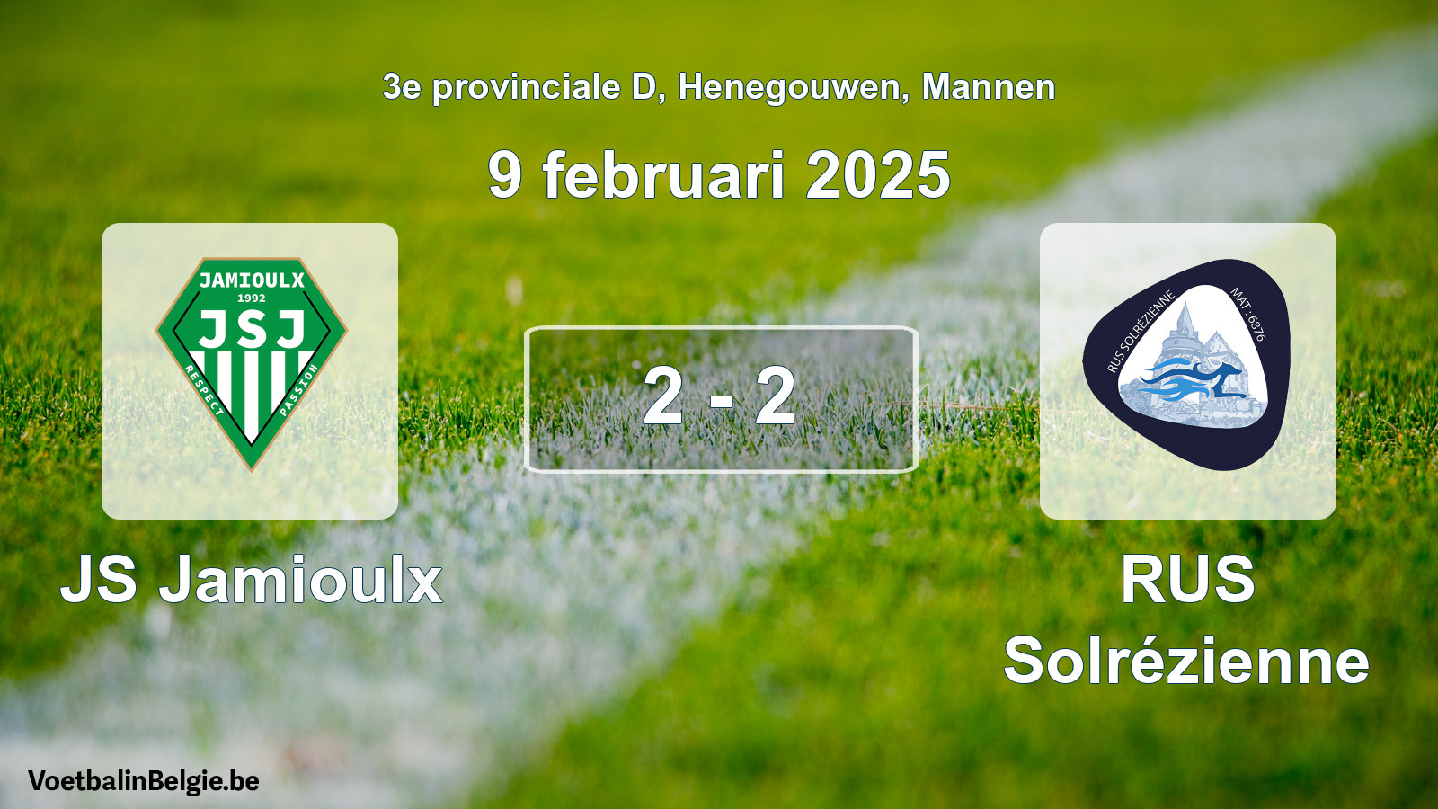 Gespeelde wedstrijd mannenvoetbal: JS Jamioulx - RUS Solrézienne 2 - 2 (9 februari 2025)