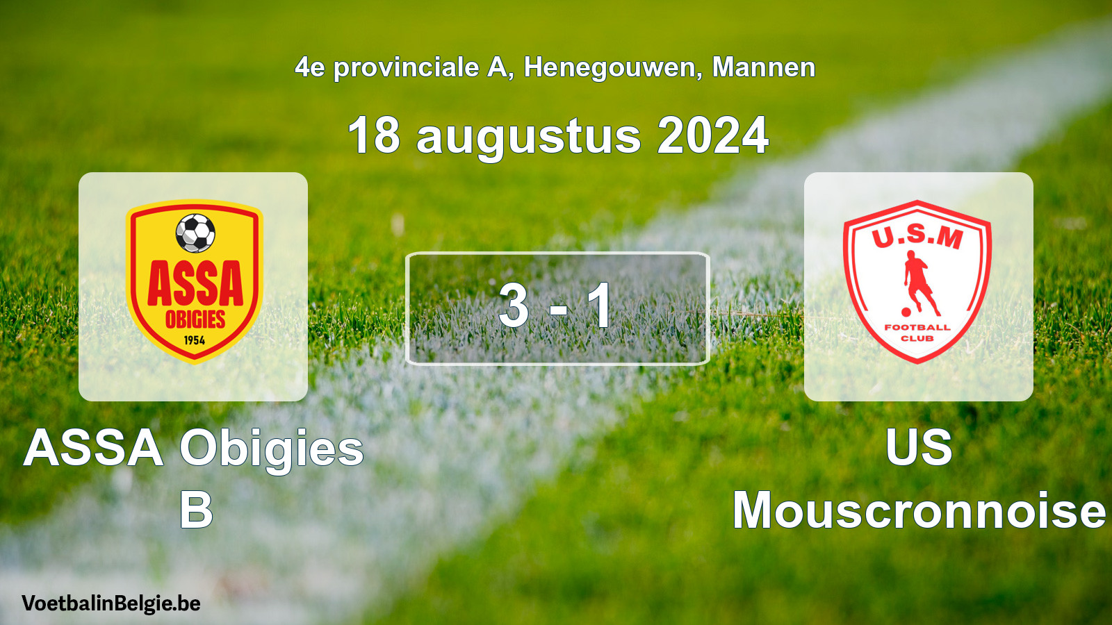 Gespeelde wedstrijd mannenvoetbal: ASSA Obigies B - US Mouscronnoise 3 - 1 (18 augustus 2024)
