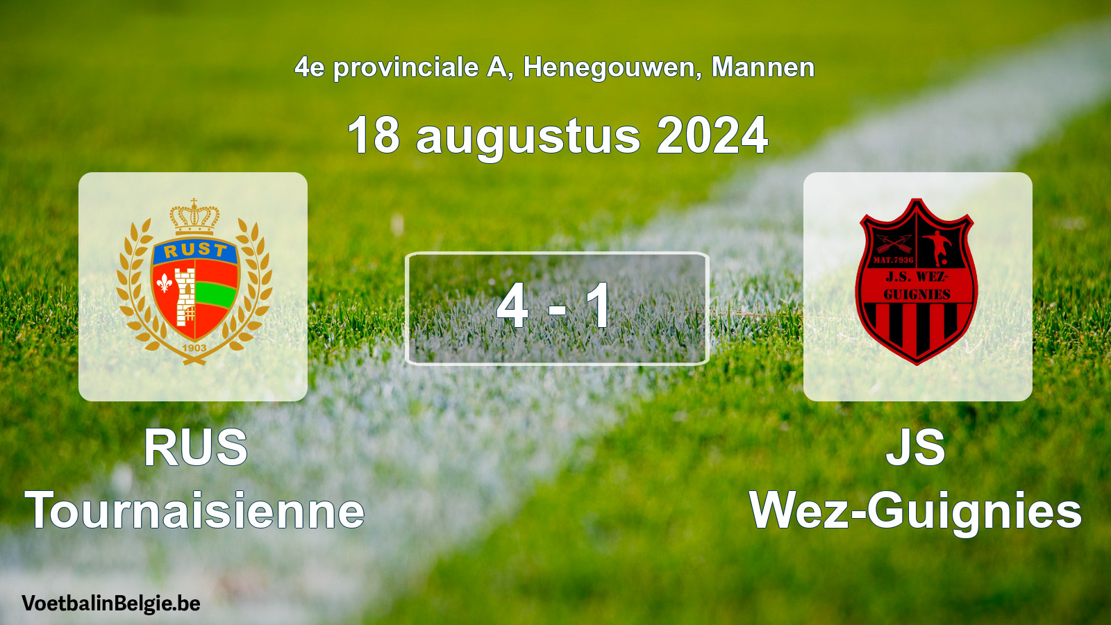 Gespeelde wedstrijd mannenvoetbal: RUS Tournaisienne - JS Wez-Guignies 4 - 1 (18 augustus 2024)