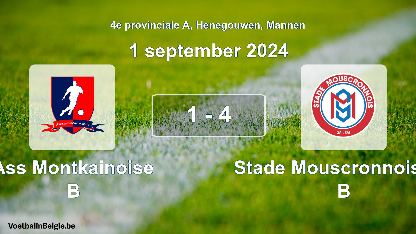 Gespeelde wedstrijd mannenvoetbal: Ass Montkainoise B - Stade Mouscronnois SB B 1 - 4 (1 september 2024)