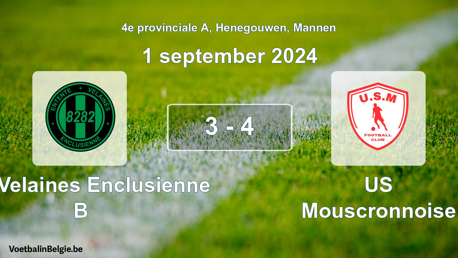 Gespeelde wedstrijd mannenvoetbal: Ent. Velaines Enclusienne B - US Mouscronnoise 3 - 4 (1 september 2024)
