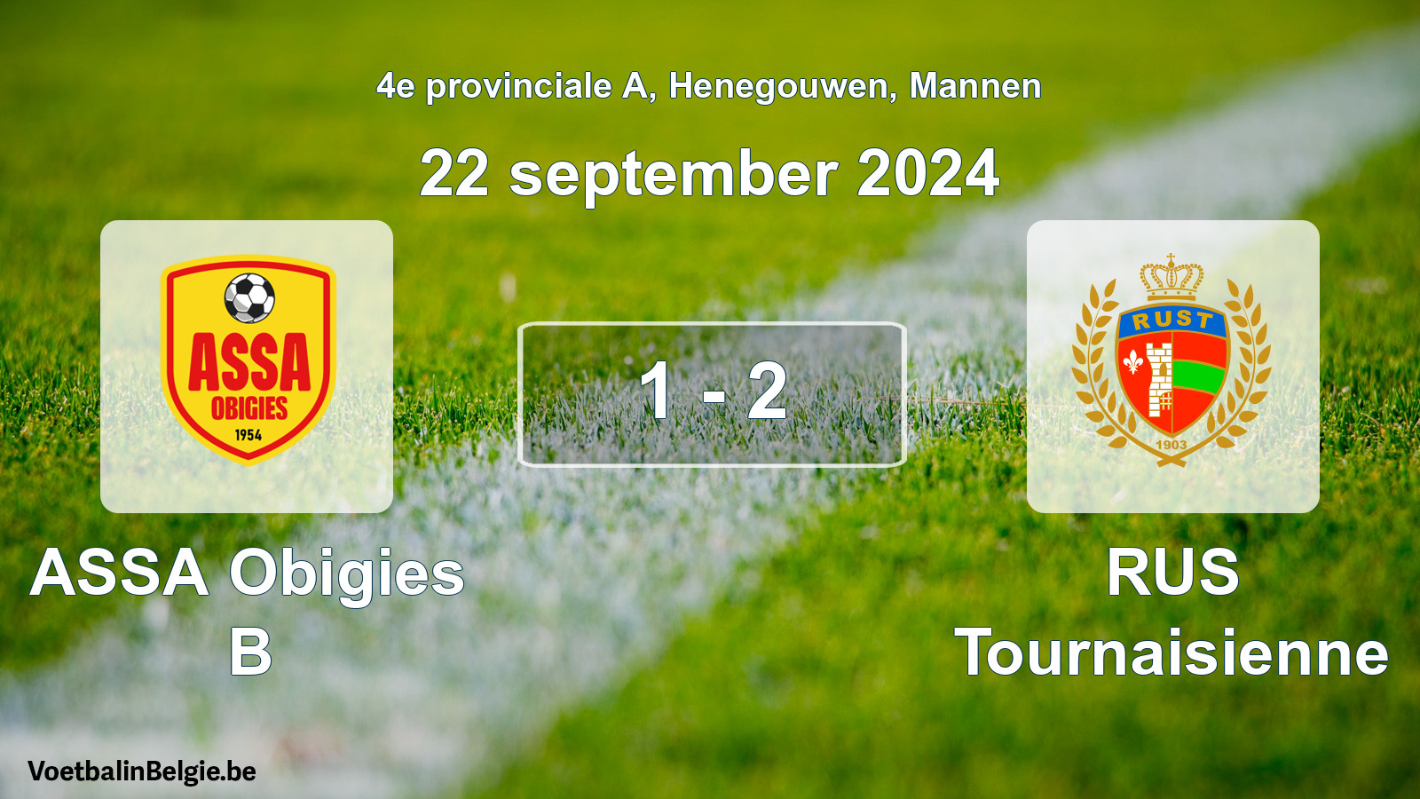 Gespeelde wedstrijd mannenvoetbal: ASSA Obigies B - RUS Tournaisienne 1 - 2 (22 september 2024)
