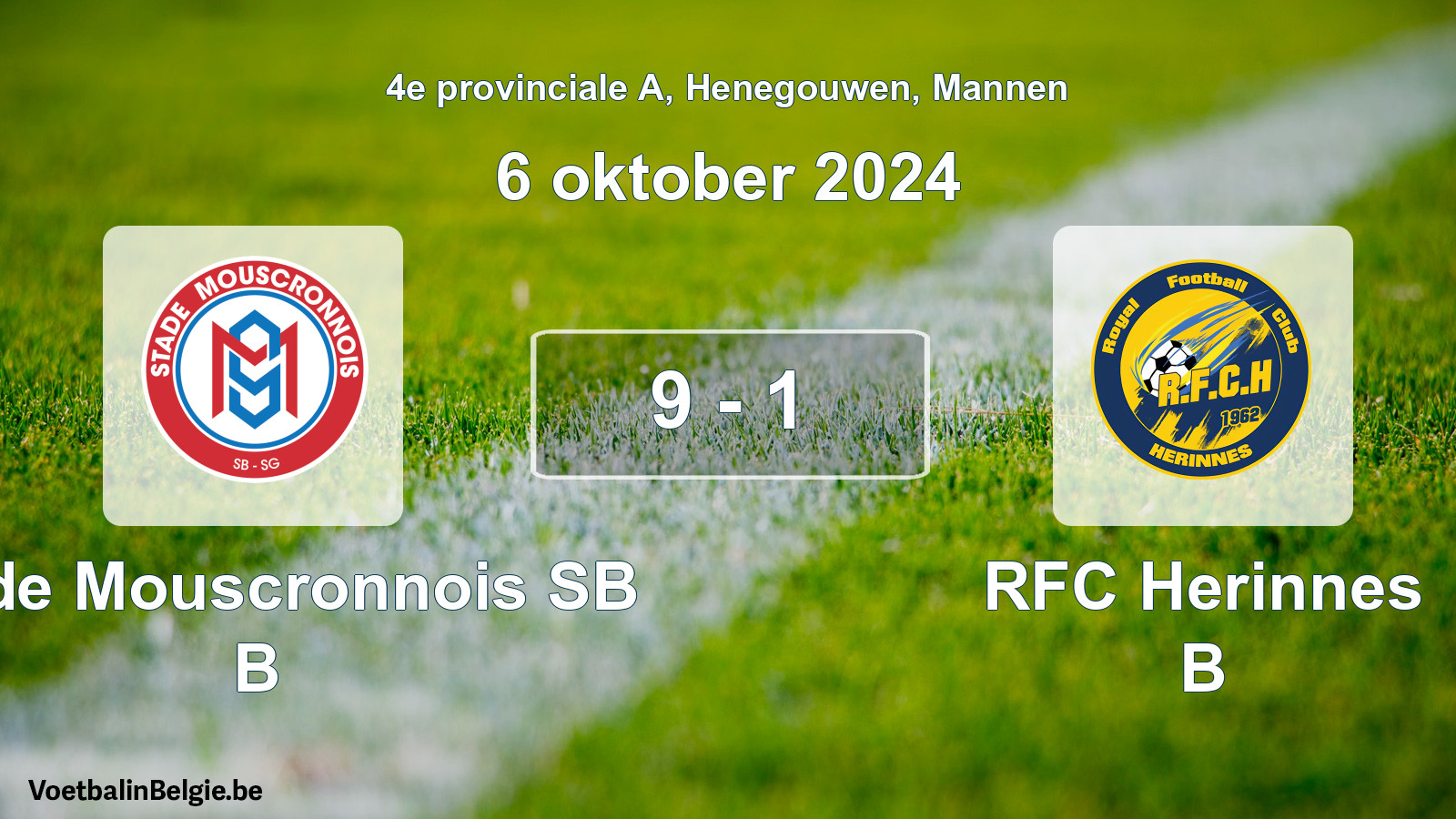 Gespeelde wedstrijd mannenvoetbal: Stade Mouscronnois SB B - RFC Herinnes B 9 - 1 (6 oktober 2024)