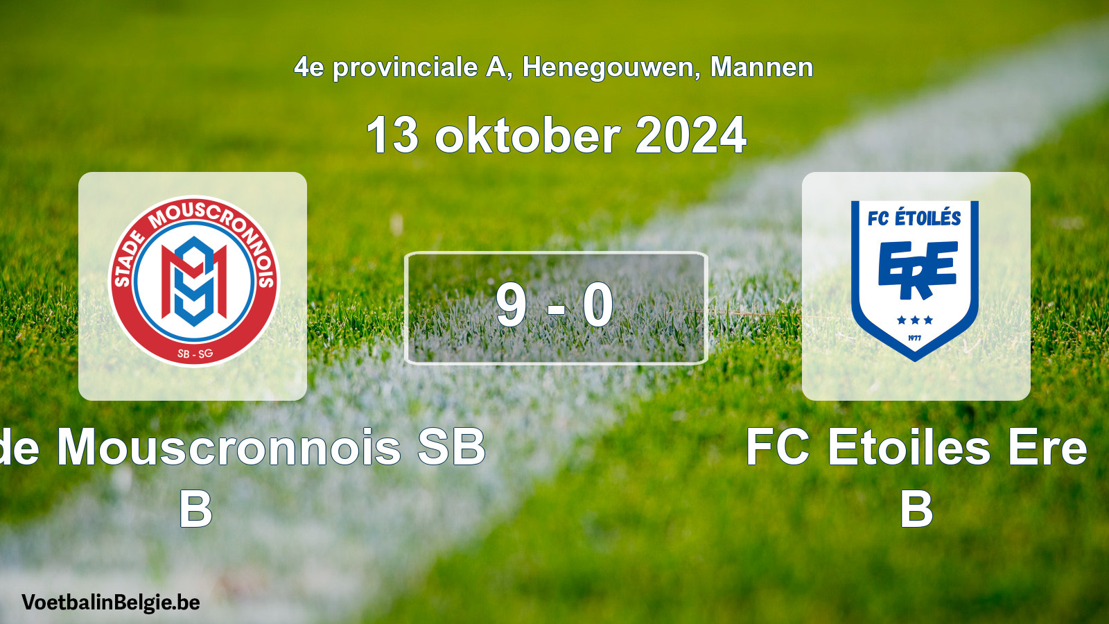 Gespeelde wedstrijd mannenvoetbal: Stade Mouscronnois SB B - FC Etoiles Ere B 9 - 0 (13 oktober 2024)