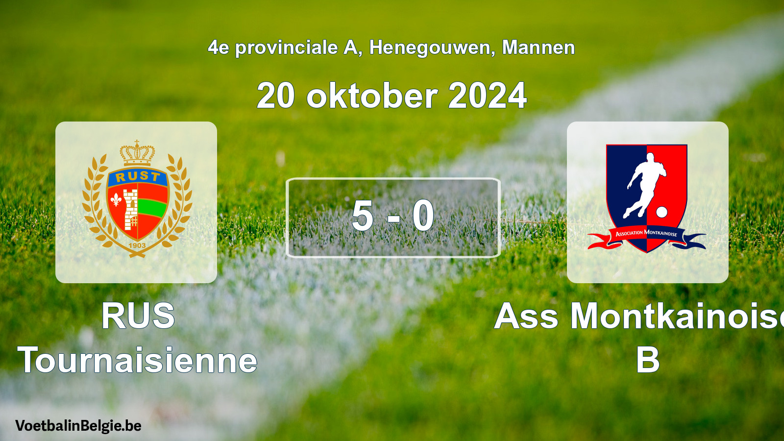 Gespeelde wedstrijd mannenvoetbal: RUS Tournaisienne - Ass Montkainoise B 5 - 0 (20 oktober 2024)
