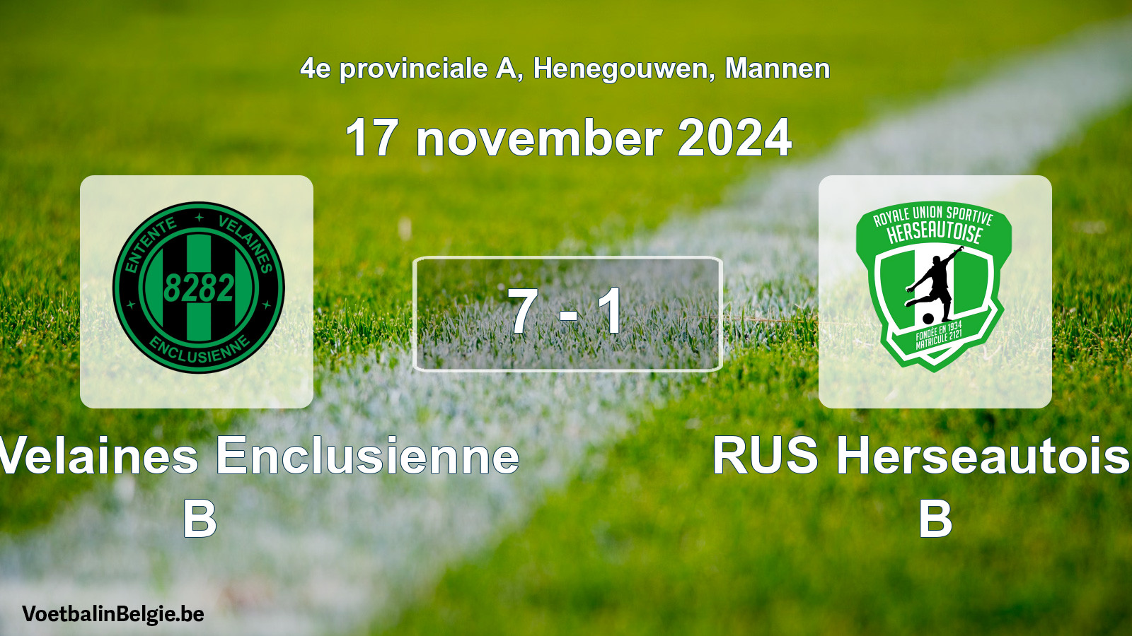 Gespeelde wedstrijd mannenvoetbal: Ent. Velaines Enclusienne B - RUS Herseautoise B 7 - 1 (17 november 2024)