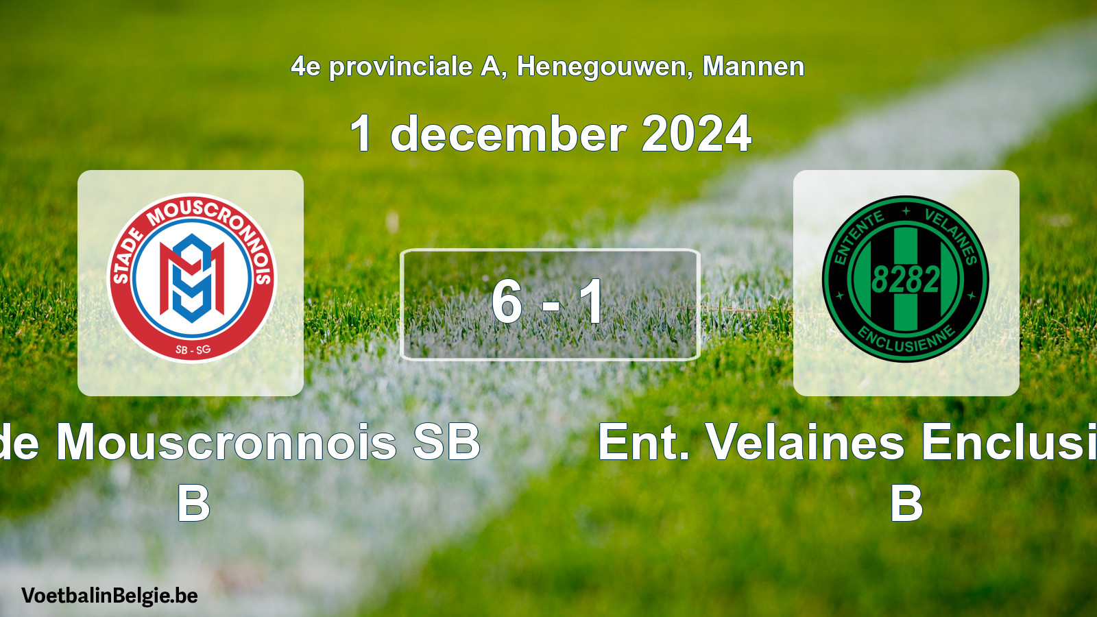 Gespeelde wedstrijd mannenvoetbal: Stade Mouscronnois SB B - Ent. Velaines Enclusienne B 6 - 1 (1 december 2024)