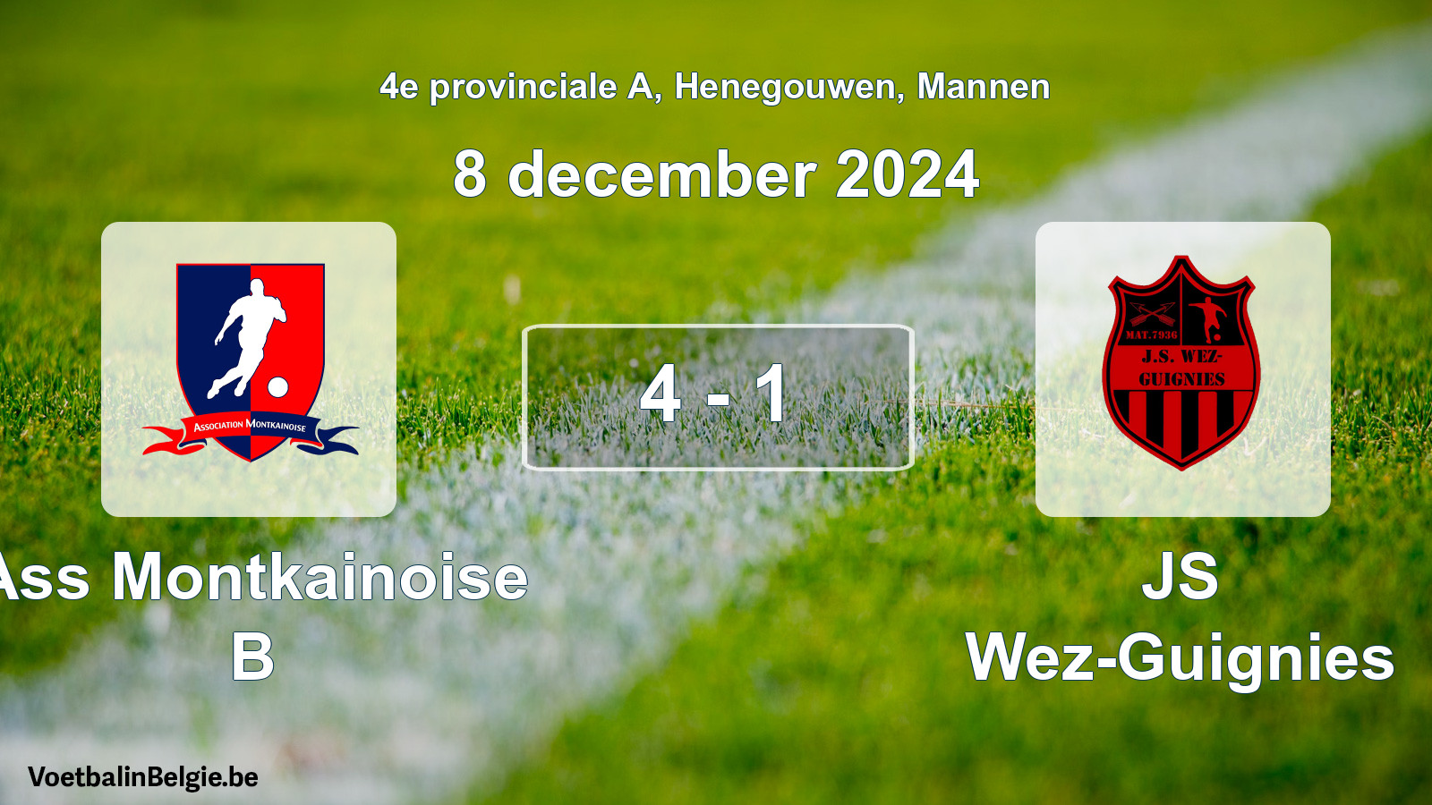 Gespeelde wedstrijd mannenvoetbal: Ass Montkainoise B - JS Wez-Guignies 4 - 1 (8 december 2024)