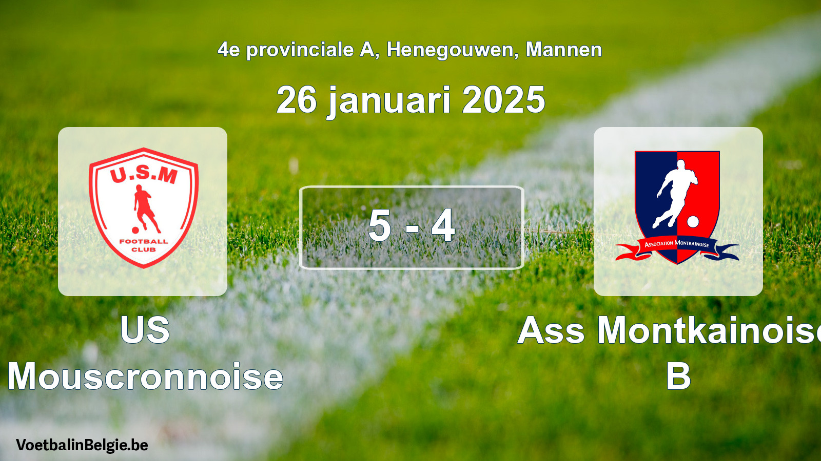 Gespeelde wedstrijd mannenvoetbal: US Mouscronnoise - Ass Montkainoise B 5 - 4 (26 januari 2025)