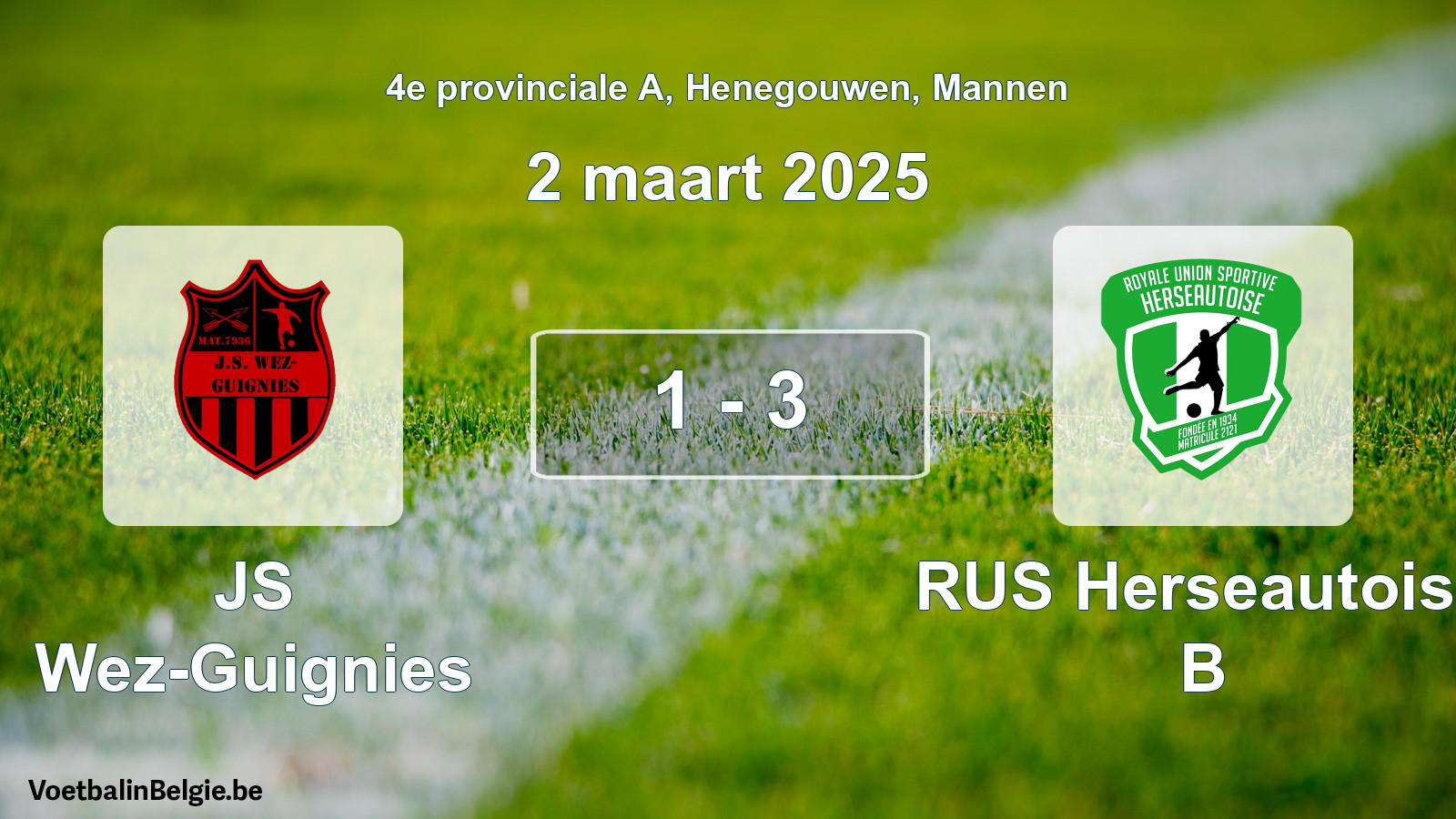 Gespeelde wedstrijd mannenvoetbal: JS Wez-Guignies - RUS Herseautoise B 1 - 3 (2 maart 2025)