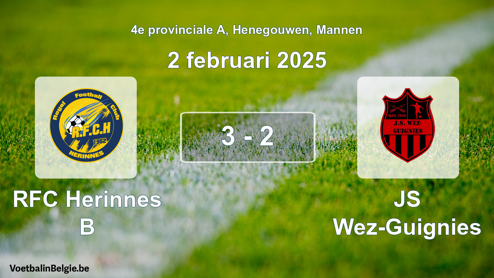 Gespeelde wedstrijd mannenvoetbal: RFC Herinnes B - JS Wez-Guignies 3 - 2 (2 februari 2025)