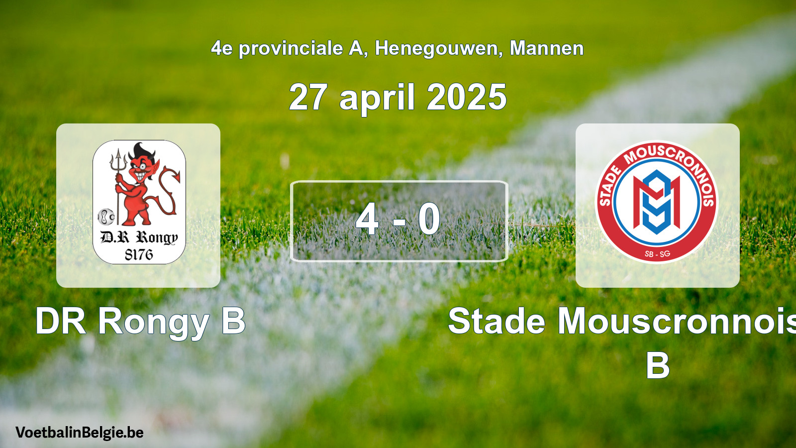 Gespeelde wedstrijd mannenvoetbal: DR Rongy B - Stade Mouscronnois SB B 4 - 0 (27 april 2025)