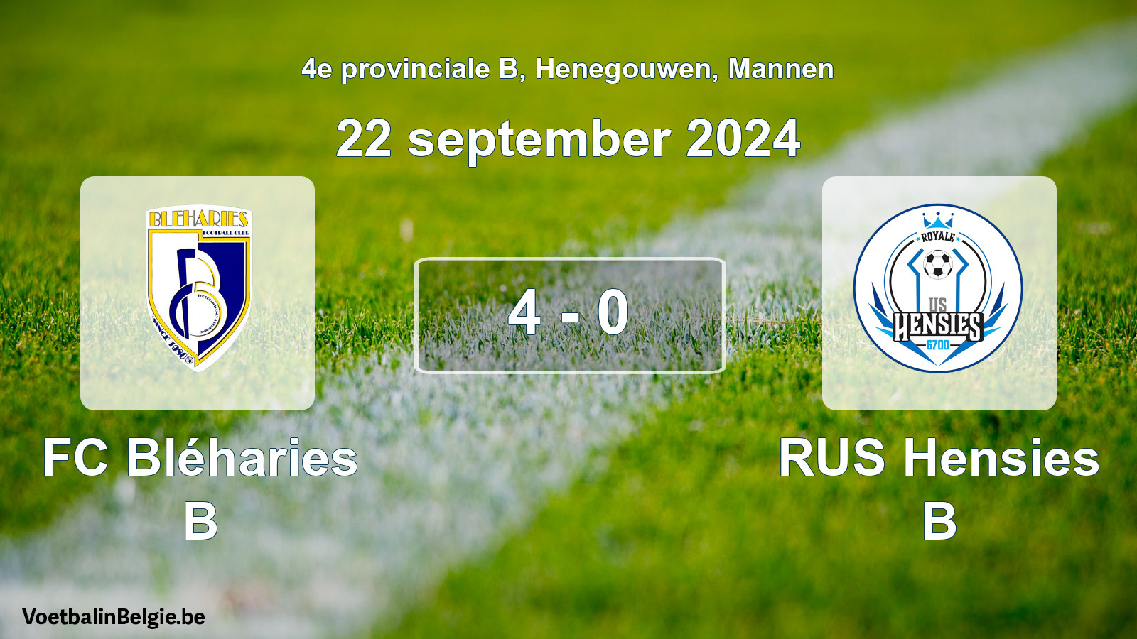 Gespeelde wedstrijd mannenvoetbal: FC Bléharies B - RUS Hensies B 4 - 0 (22 september 2024)