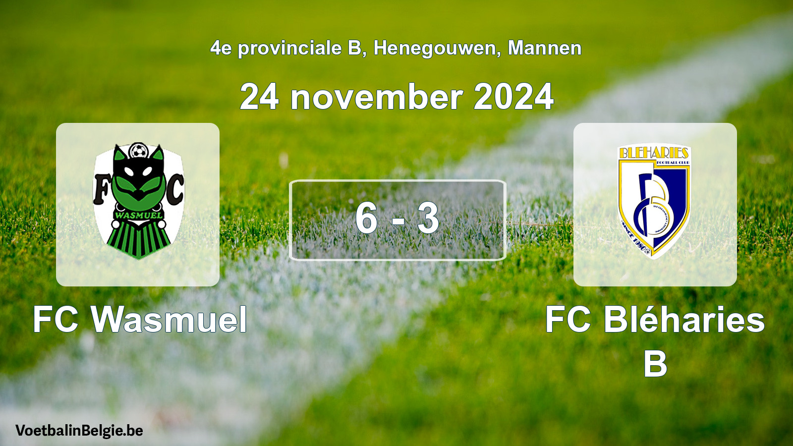Gespeelde wedstrijd mannenvoetbal: FC Wasmuel - FC Bléharies B 6 - 3 (24 november 2024)