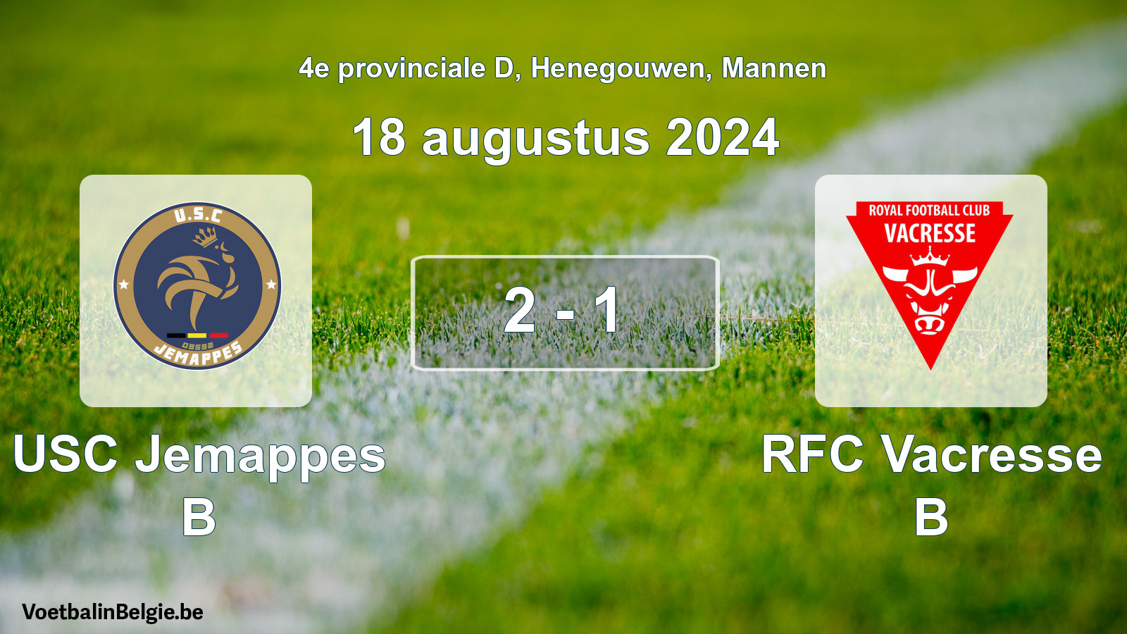 Gespeelde wedstrijd mannenvoetbal: USC Jemappes B - RFC Vacresse B 2 - 1 (18 augustus 2024)