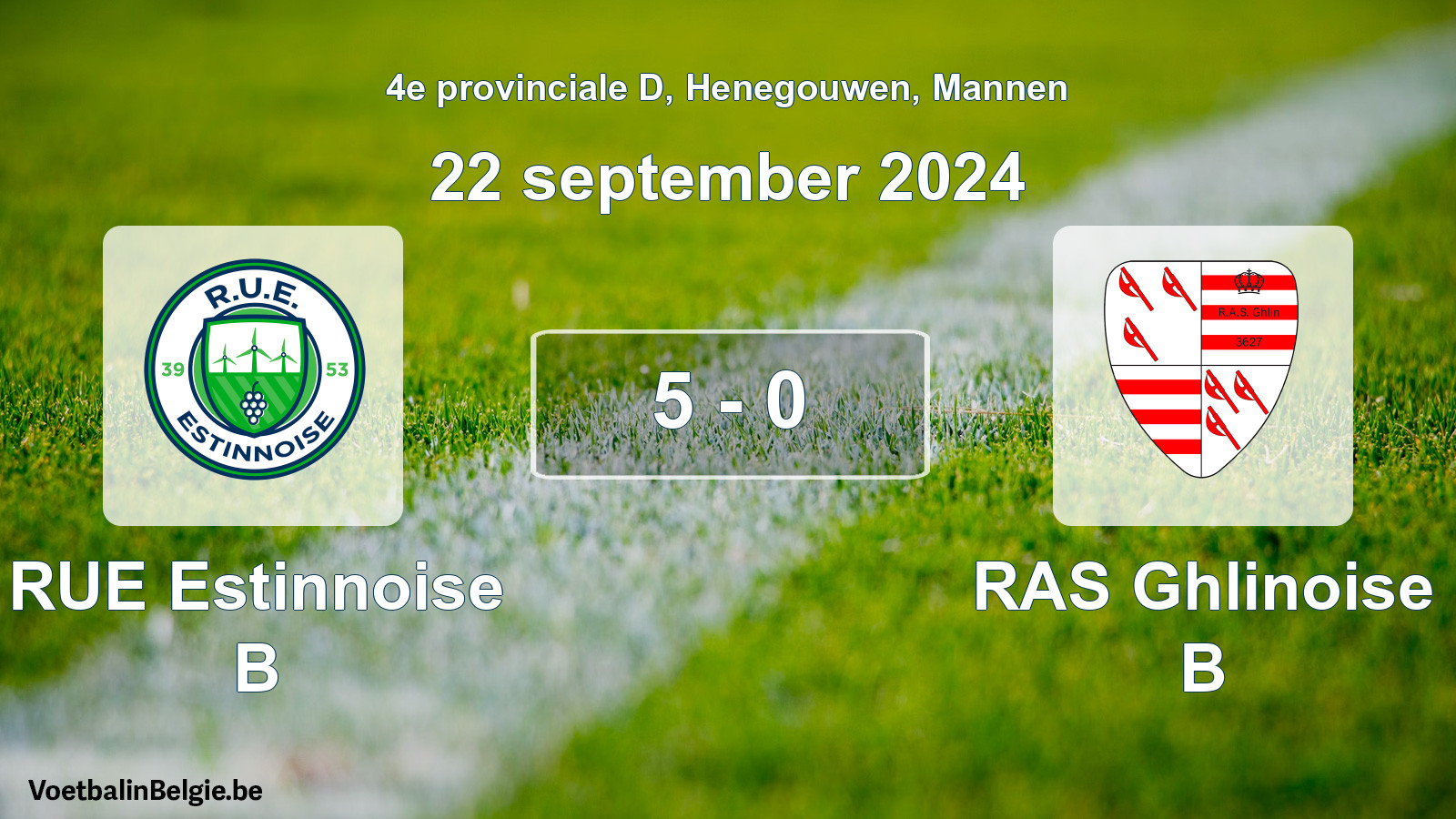 Gespeelde wedstrijd mannenvoetbal: RUE Estinnoise B - RAS Ghlinoise B 5 - 0 (22 september 2024)