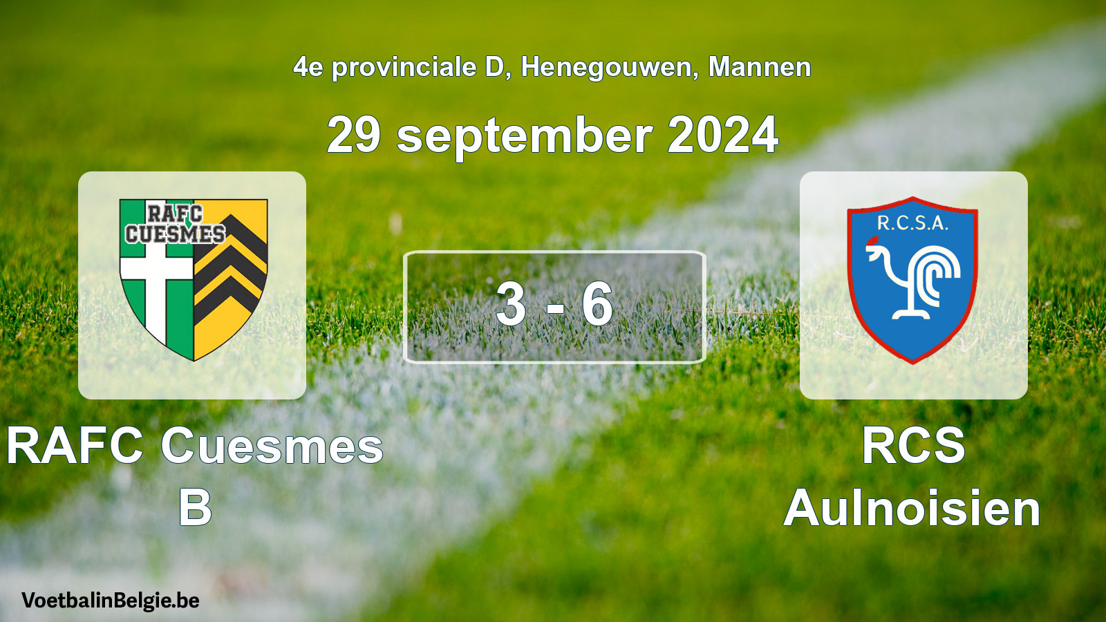 Gespeelde wedstrijd mannenvoetbal: RAFC Cuesmes B - RCS Aulnoisien 3 - 6 (29 september 2024)