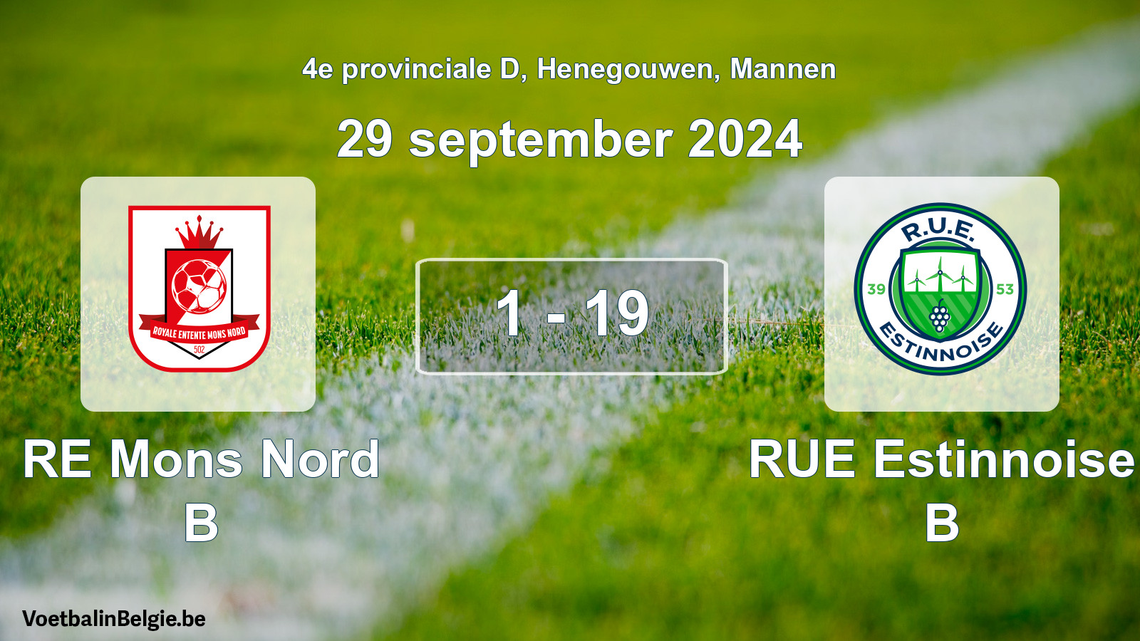 Gespeelde wedstrijd mannenvoetbal: RE Mons Nord B - RUE Estinnoise B 1 - 19 (29 september 2024)