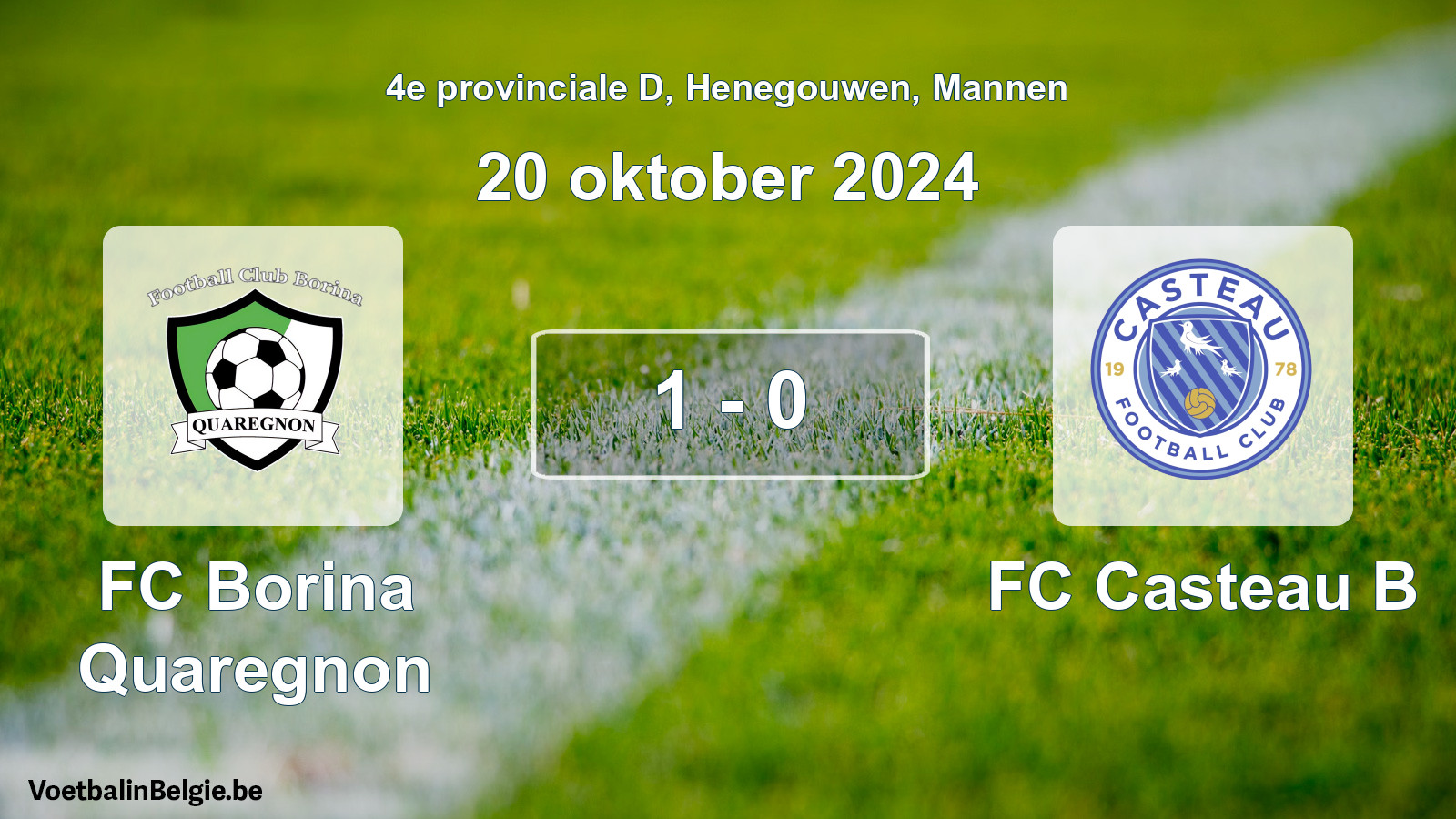 Gespeelde wedstrijd mannenvoetbal: FC Borina Quaregnon - FC Casteau B 1 - 0 (20 oktober 2024)