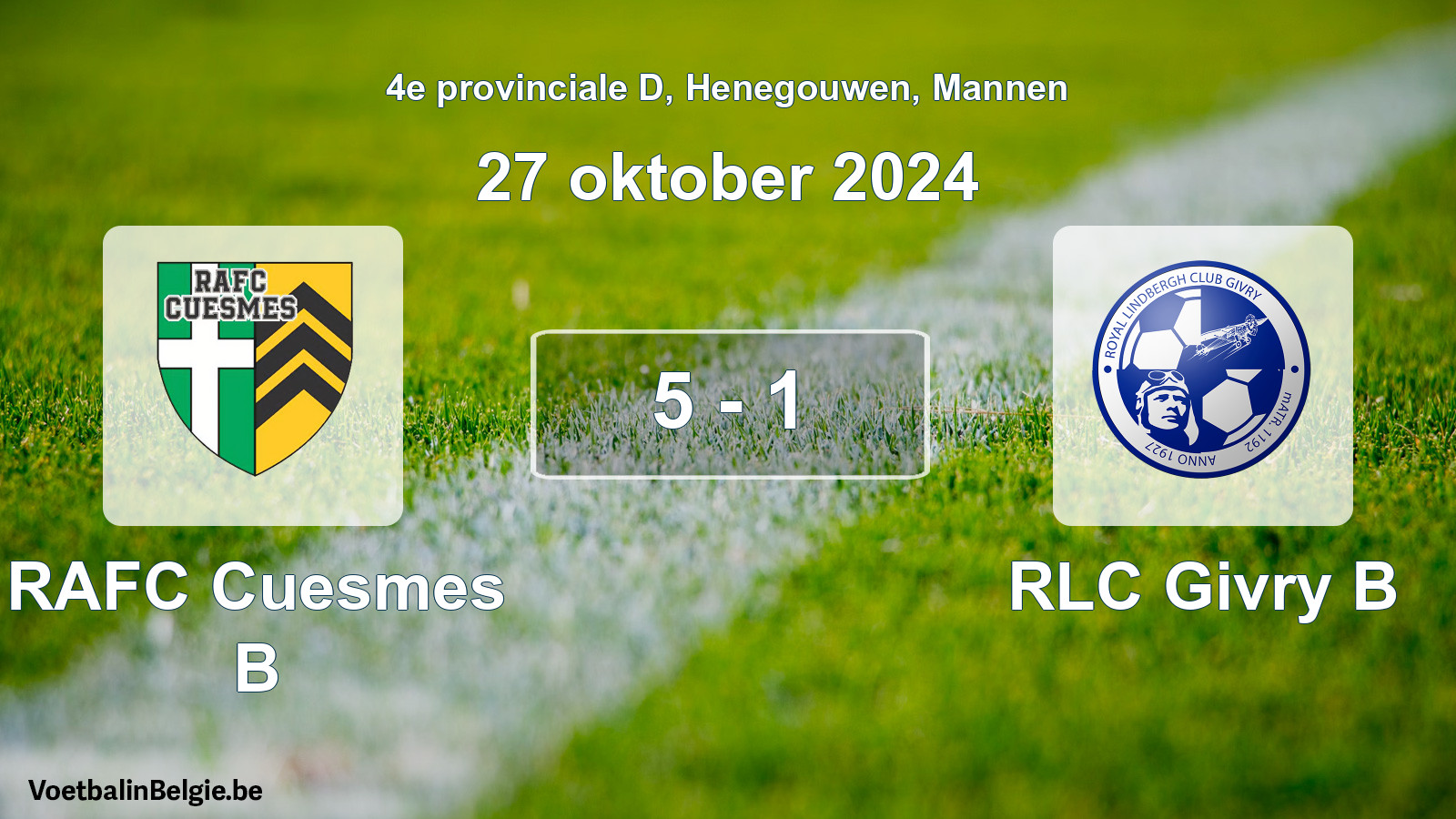 Gespeelde wedstrijd mannenvoetbal: RAFC Cuesmes B - RLC Givry B 5 - 1 (27 oktober 2024)