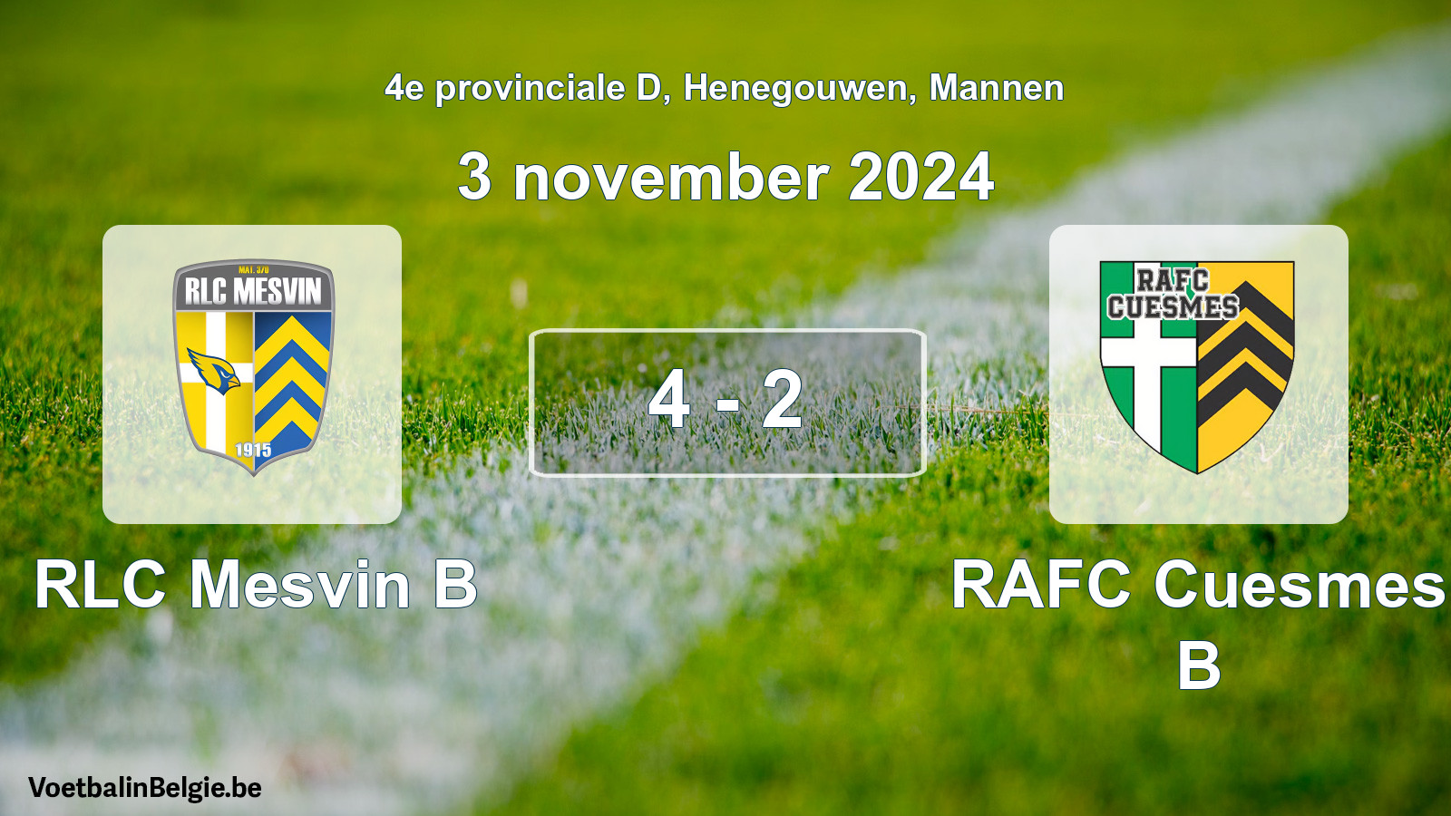 Gespeelde wedstrijd mannenvoetbal: RLC Mesvin B - RAFC Cuesmes B 4 - 2 (3 november 2024)