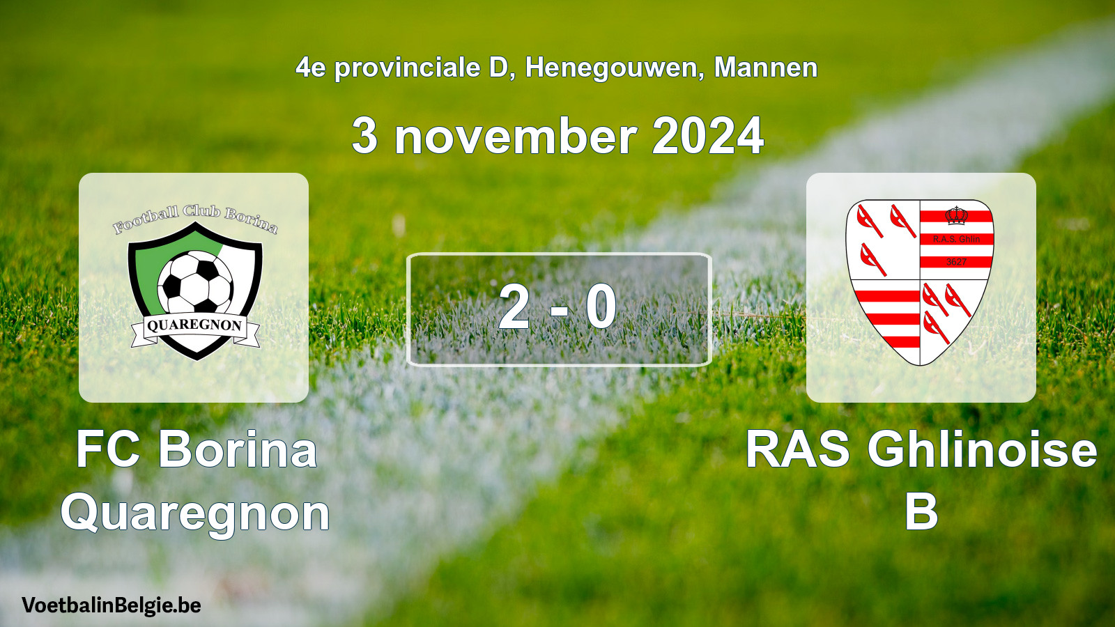 Gespeelde wedstrijd mannenvoetbal: FC Borina Quaregnon - RAS Ghlinoise B 2 - 0 (3 november 2024)