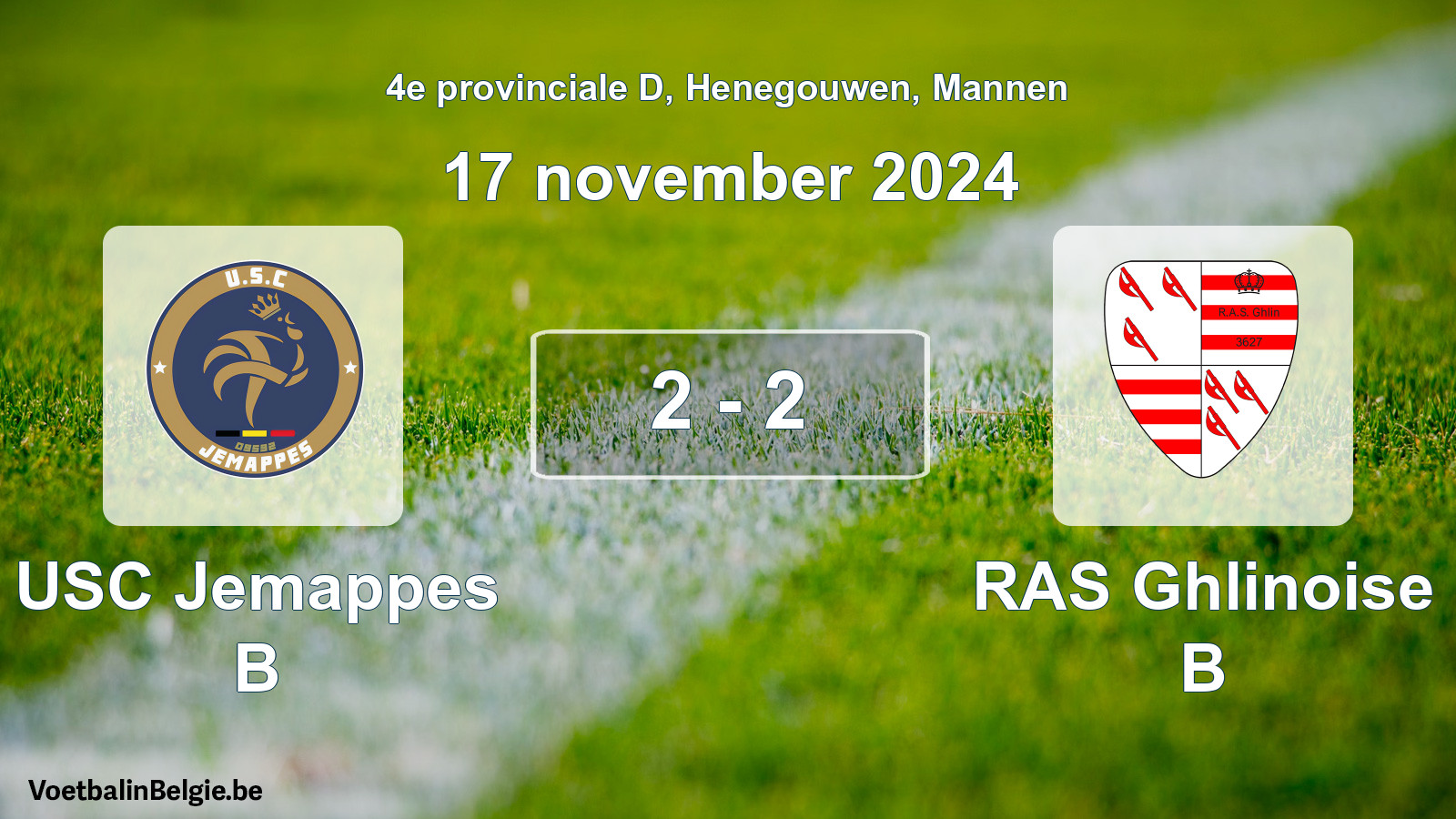 Gespeelde wedstrijd mannenvoetbal: USC Jemappes B - RAS Ghlinoise B 2 - 2 (17 november 2024)