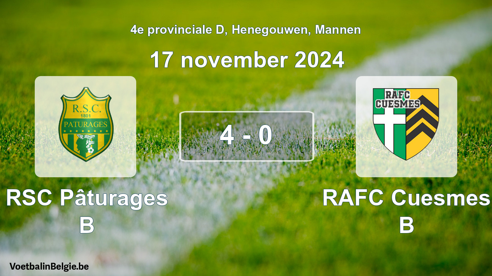 Gespeelde wedstrijd mannenvoetbal: RSC Pâturages B - RAFC Cuesmes B 4 - 0 (17 november 2024)