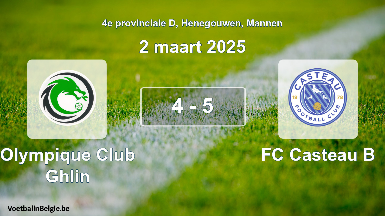 Gespeelde wedstrijd mannenvoetbal: Olympique Club Ghlin - FC Casteau B 4 - 5 (2 maart 2025)