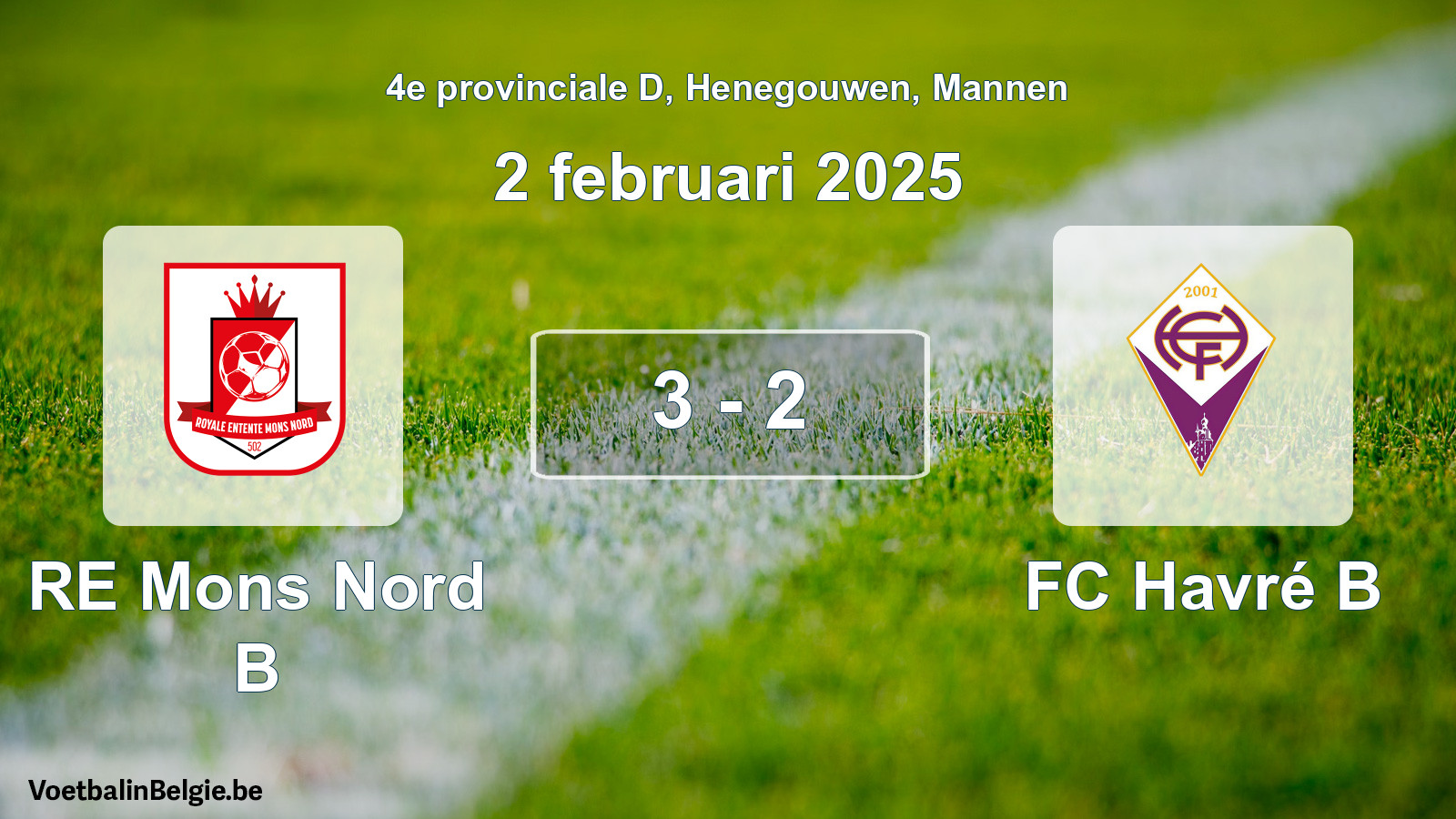 Gespeelde wedstrijd mannenvoetbal: RE Mons Nord B - FC Havré B 3 - 2 (2 februari 2025)