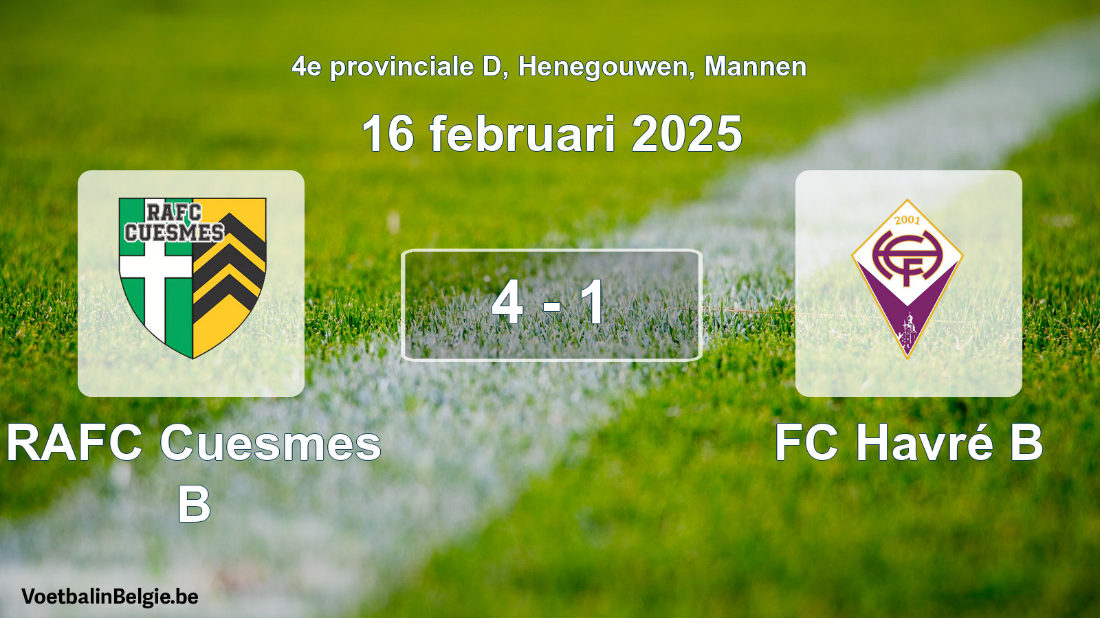 Gespeelde wedstrijd mannenvoetbal: RAFC Cuesmes B - FC Havré B 4 - 1 (16 februari 2025)