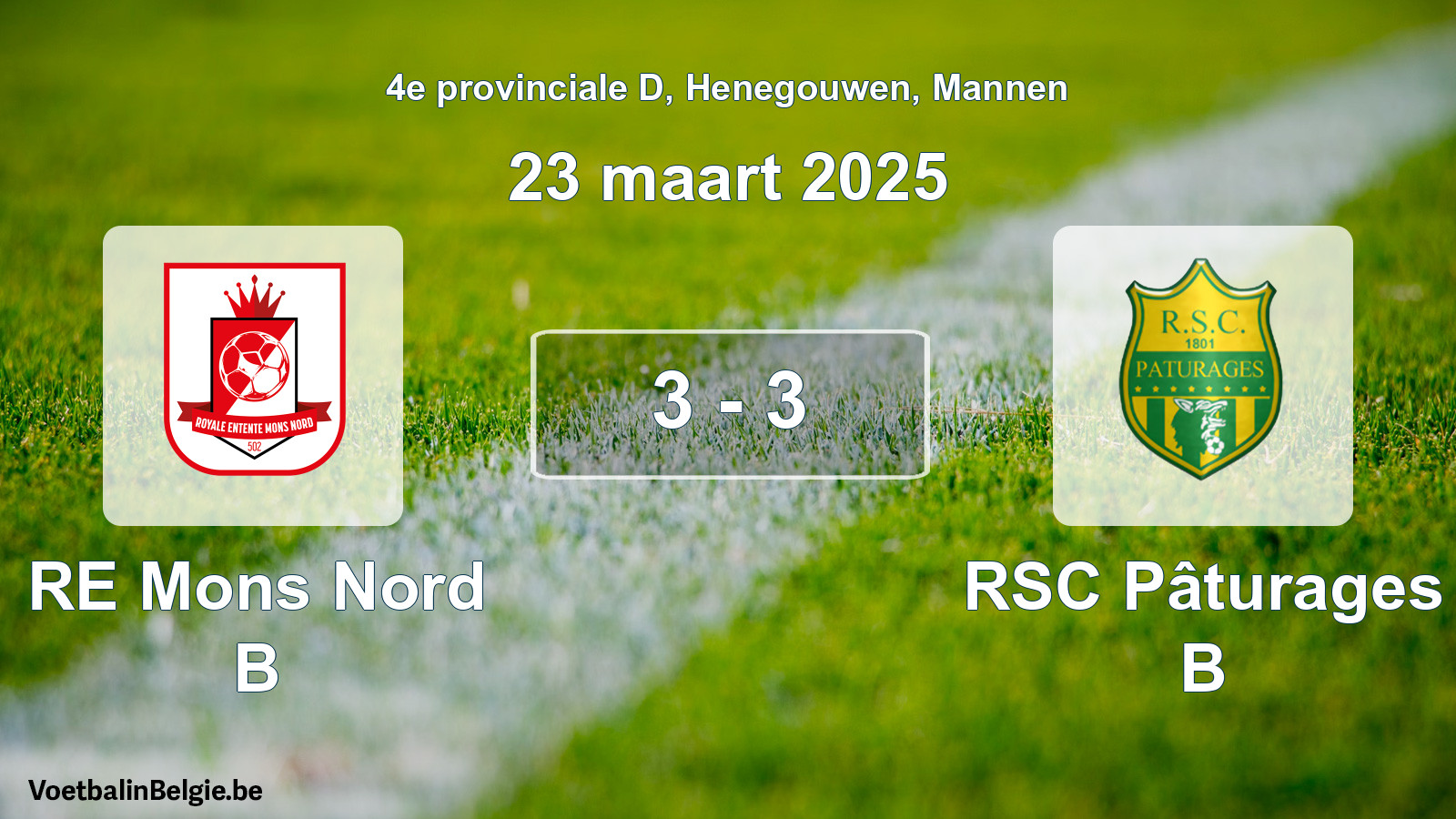 Gespeelde wedstrijd mannenvoetbal: RE Mons Nord B - RSC Pâturages B 3 - 3 (23 maart 2025)