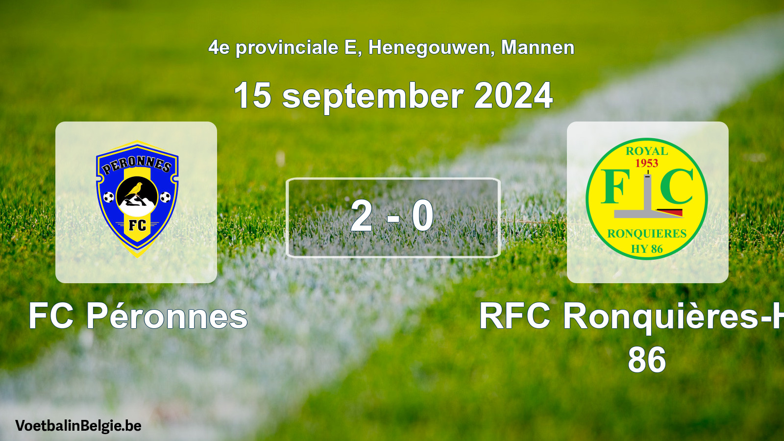 Gespeelde wedstrijd mannenvoetbal: FC Péronnes - RFC Ronquières-Hy 86 2 - 0 (15 september 2024)