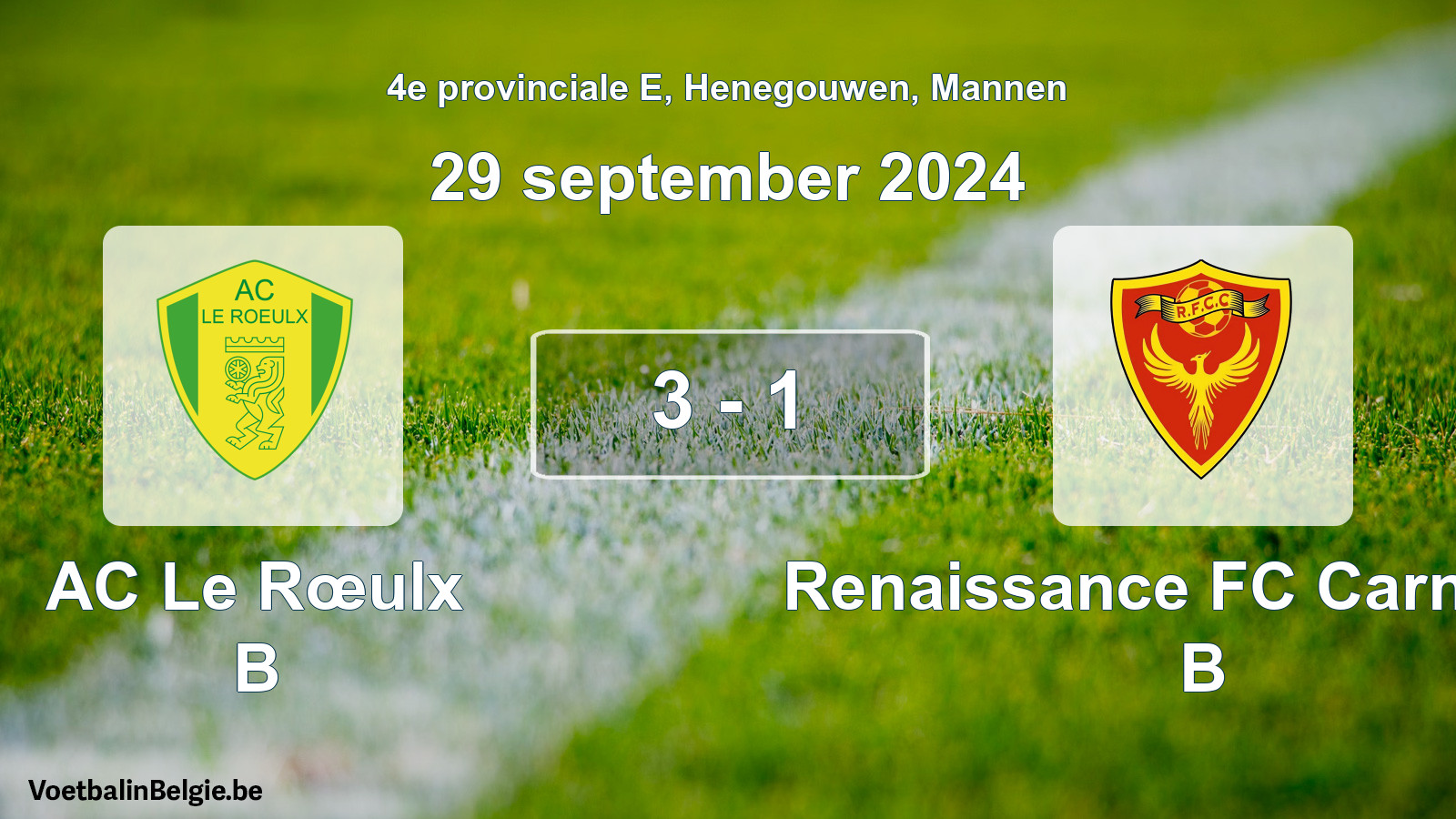 Gespeelde wedstrijd mannenvoetbal: AC Le Rœulx B - Renaissance FC Carnières B 3 - 1 (29 september 2024)
