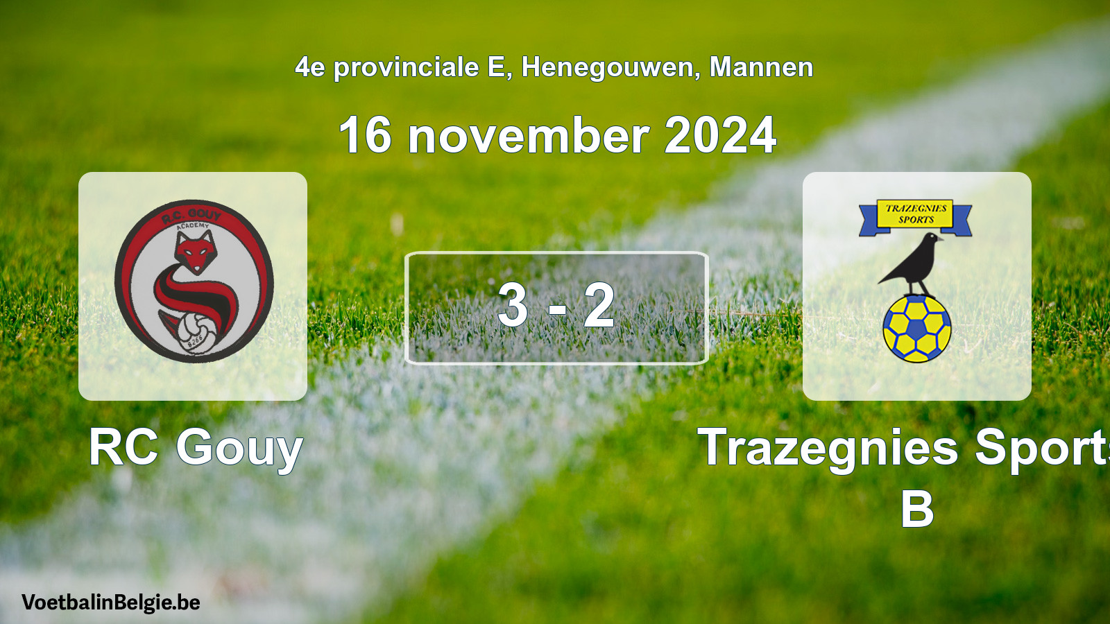 Gespeelde wedstrijd mannenvoetbal: RC Gouy - Trazegnies Sports B 3 - 2 (16 november 2024)