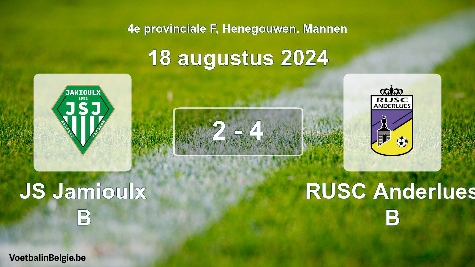 Gespeelde wedstrijd mannenvoetbal: JS Jamioulx B - RUSC Anderlues B 2 - 4 (18 augustus 2024)