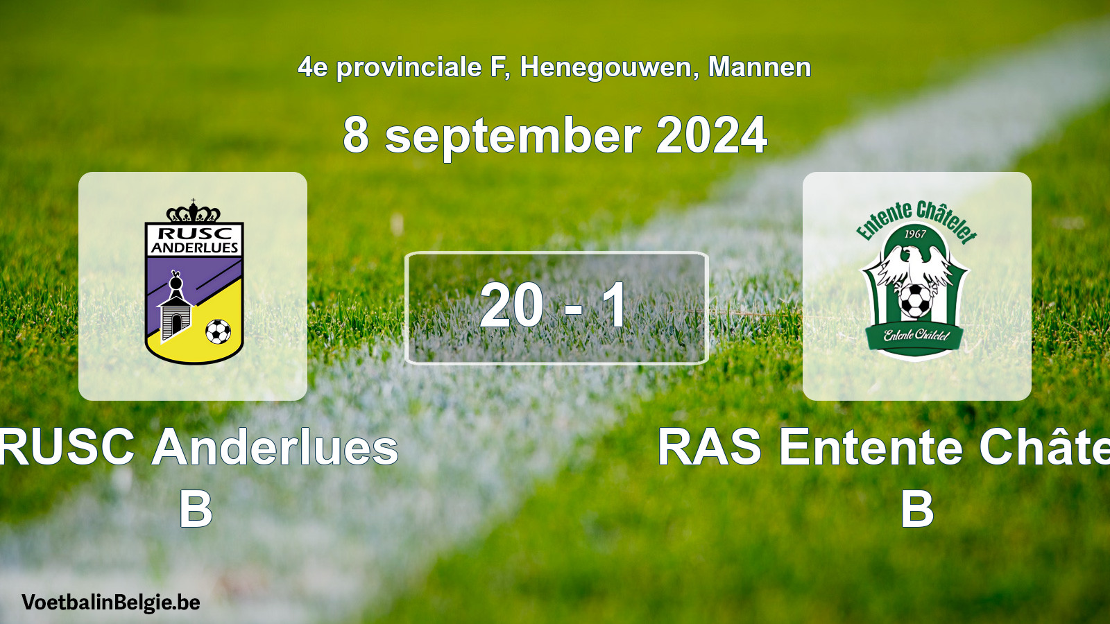 Gespeelde wedstrijd mannenvoetbal: RUSC Anderlues B - RAS Entente Châtelet B 20 - 1 (8 september 2024)