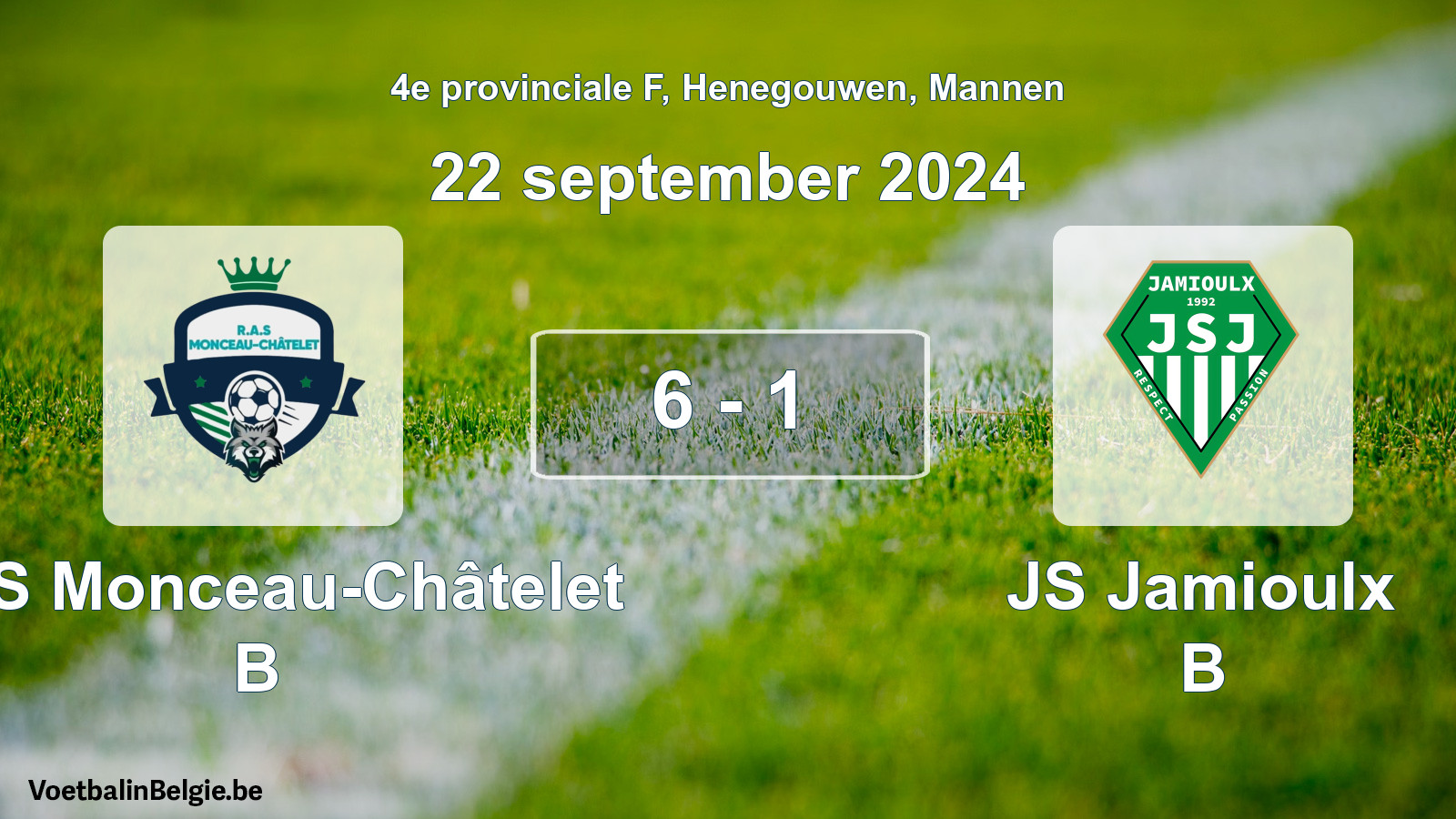 Gespeelde wedstrijd mannenvoetbal: RAS Monceau-Châtelet B - JS Jamioulx B 6 - 1 (22 september 2024)