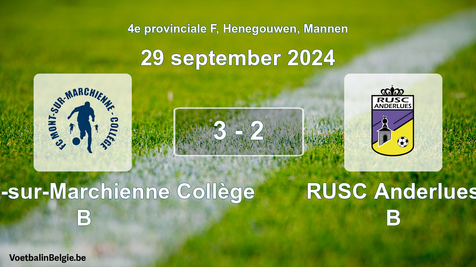 Gespeelde wedstrijd mannenvoetbal: FC Mont-sur-Marchienne Collège B - RUSC Anderlues B 3 - 2 (29 september 2024)