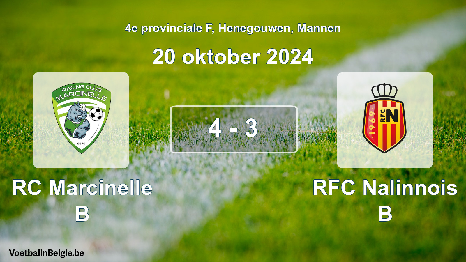 Gespeelde wedstrijd mannenvoetbal: RC Marcinelle B - RFC Nalinnois B 4 - 3 (20 oktober 2024)