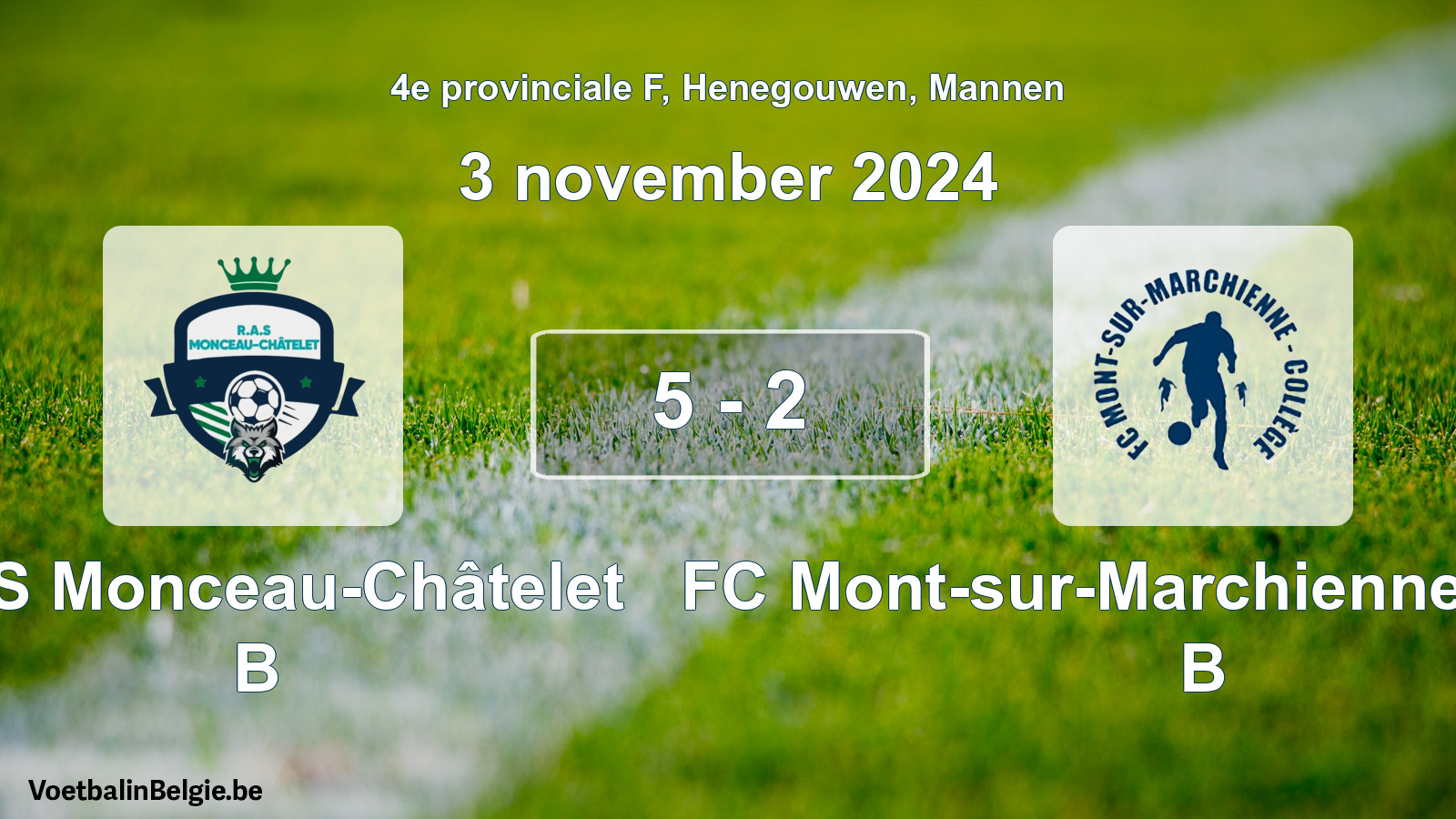 Gespeelde wedstrijd mannenvoetbal: RAS Monceau-Châtelet B - FC Mont-sur-Marchienne Collège B 5 - 2 (3 november 2024)