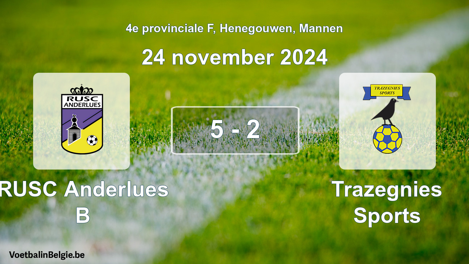 Gespeelde wedstrijd mannenvoetbal: RUSC Anderlues B - Trazegnies Sports 5 - 2 (24 november 2024)