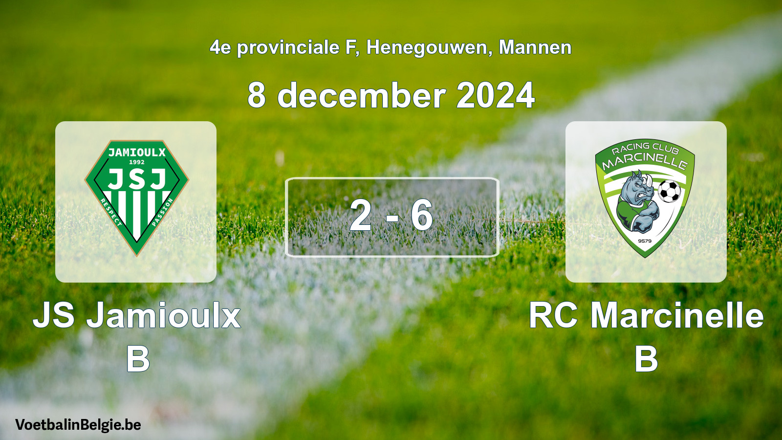 Gespeelde wedstrijd mannenvoetbal: JS Jamioulx B - RC Marcinelle B 2 - 6 (8 december 2024)