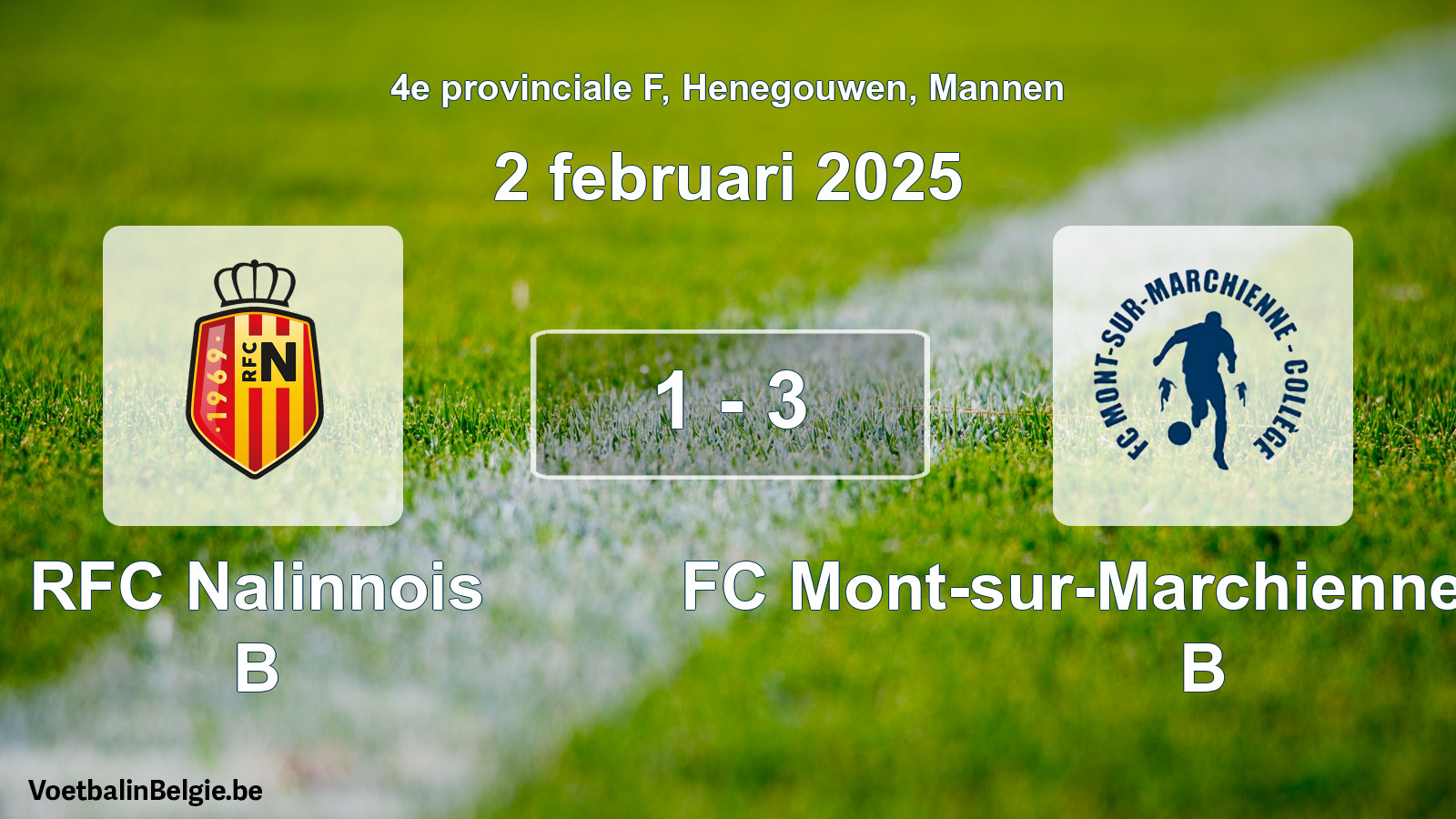 Gespeelde wedstrijd mannenvoetbal: RFC Nalinnois B - FC Mont-sur-Marchienne Collège B 1 - 3 (2 februari 2025)
